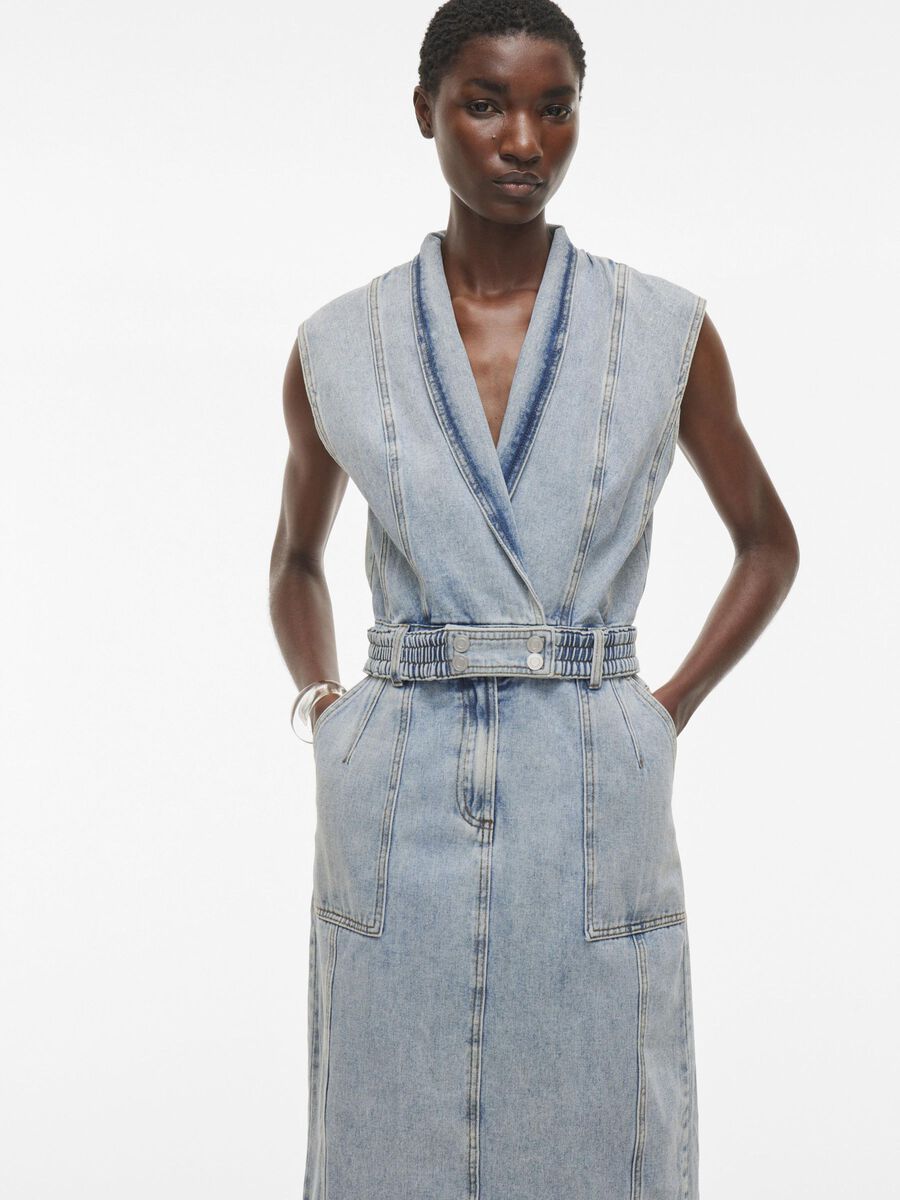 Lana Midi Denim Dress for Women - Light Blue Washed Denim A-Line Skirt Dress - Perfect for Casual Outings, Brunch Dates & Summer Vacations