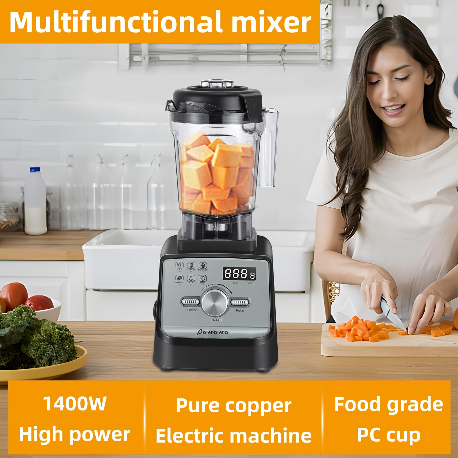 Panana 1400W Professional Blender - 68oz Large Capacity Countertop Blender with 5 Smart Functions for Smoothies, Ice Crushing, Frozen Drinks - Perfect for Home & Commercial Use - Ideal for Making Healthy Smoothies, Protein Shakes, Baby Food & Margaritas