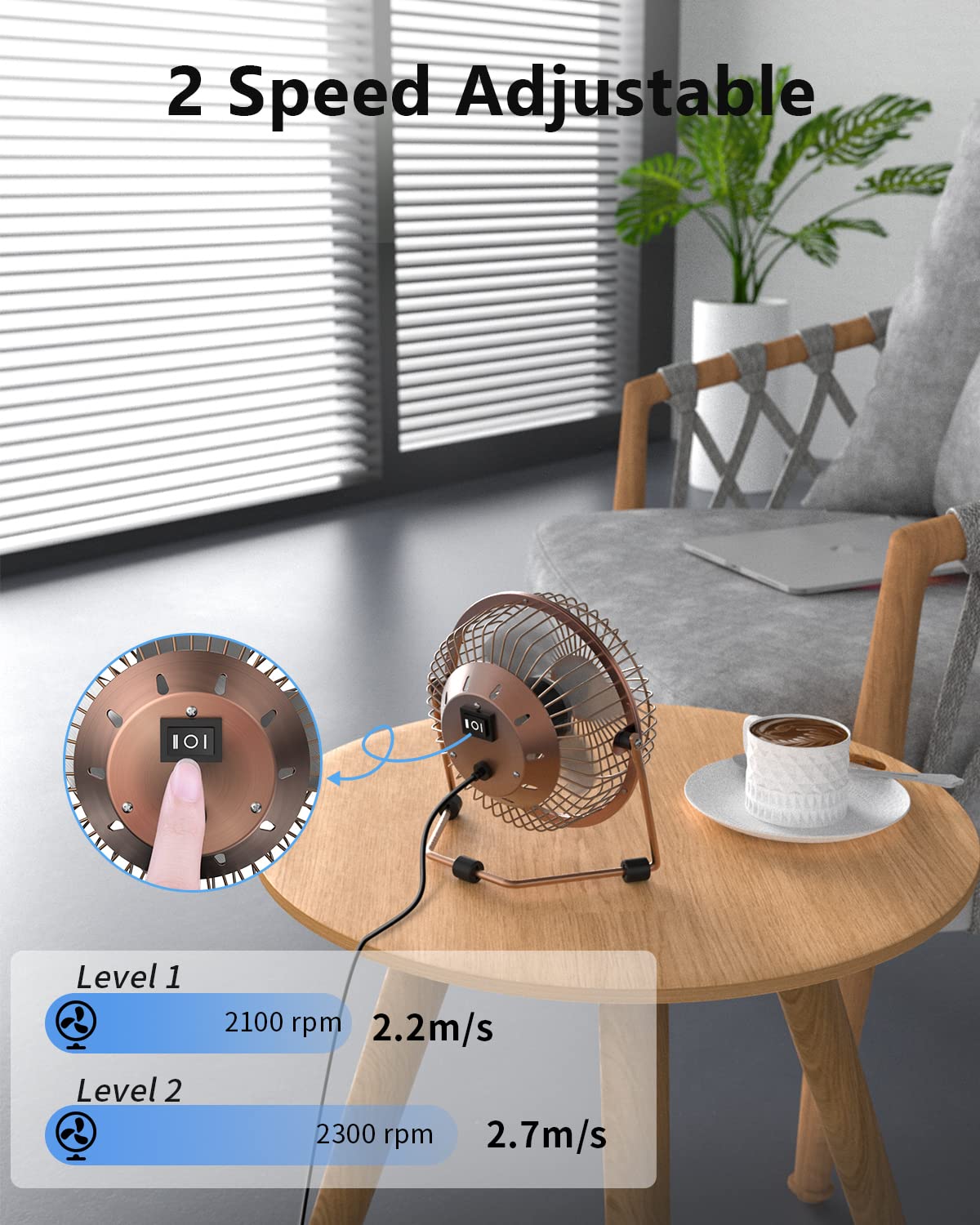 Zuvas 4-Inch Bronze USB Desk Fan - Quiet Small Personal Fan with 360° Rotation, 2 Speed Settings, Portable Mini Table Fan for Home, Office, Bedroom, Travel & Camping | Perfect for Cooling, Studying, Working & Outdoor Adventures