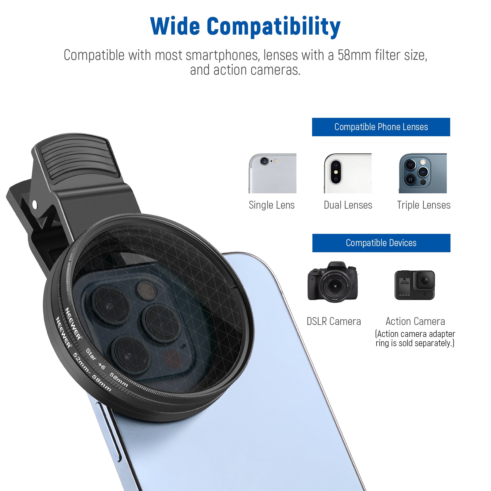 NEEWER Clip-On Camera Lens Filters Kit for iPhone, Android Smartphones & DSLR Cameras - Enhance Photos & Videos for Social Media, Vlogging, and Professional Photography