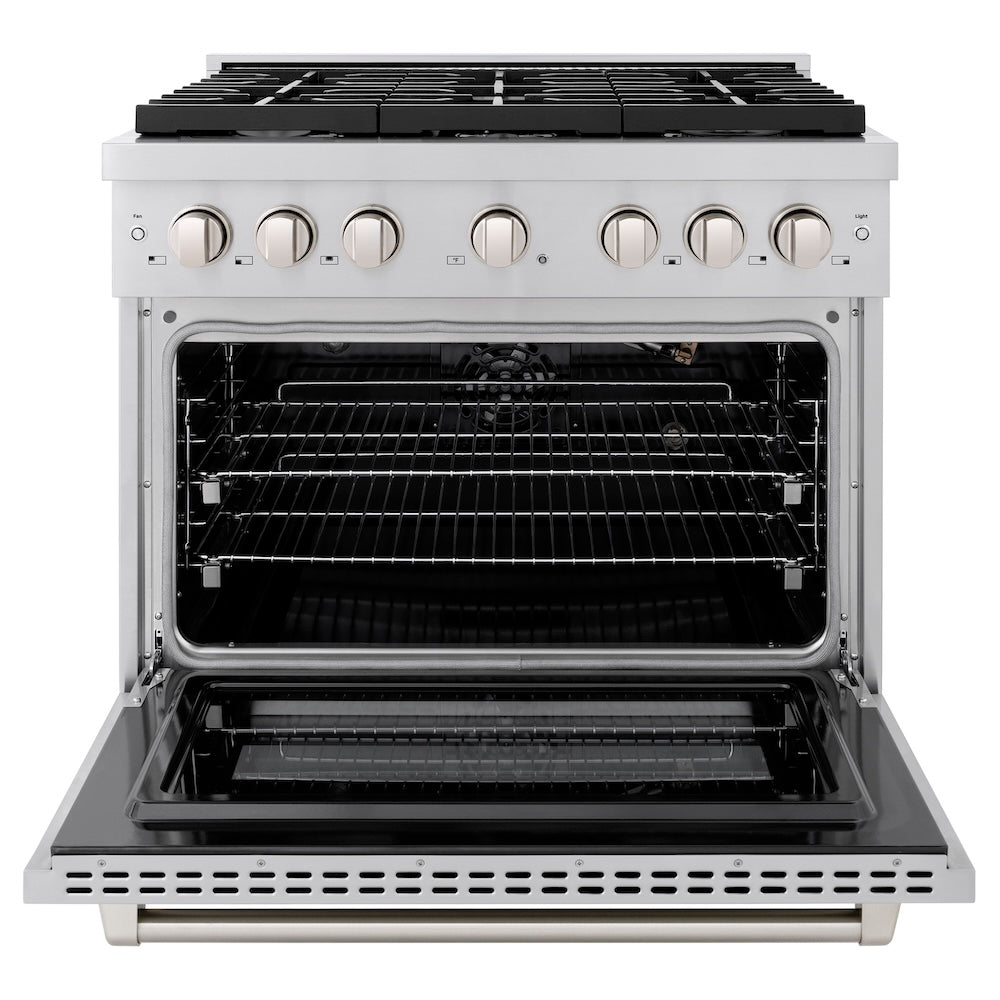 ZLINE 36 Inch Professional Kitchen Package - Stainless Steel Gas Range, Range Hood, Microwave Drawer, Dishwasher & Wine Cooler | 5KP SGRRH36 MWDWV RWV | Perfect for Modern Home Chefs & Entertaining