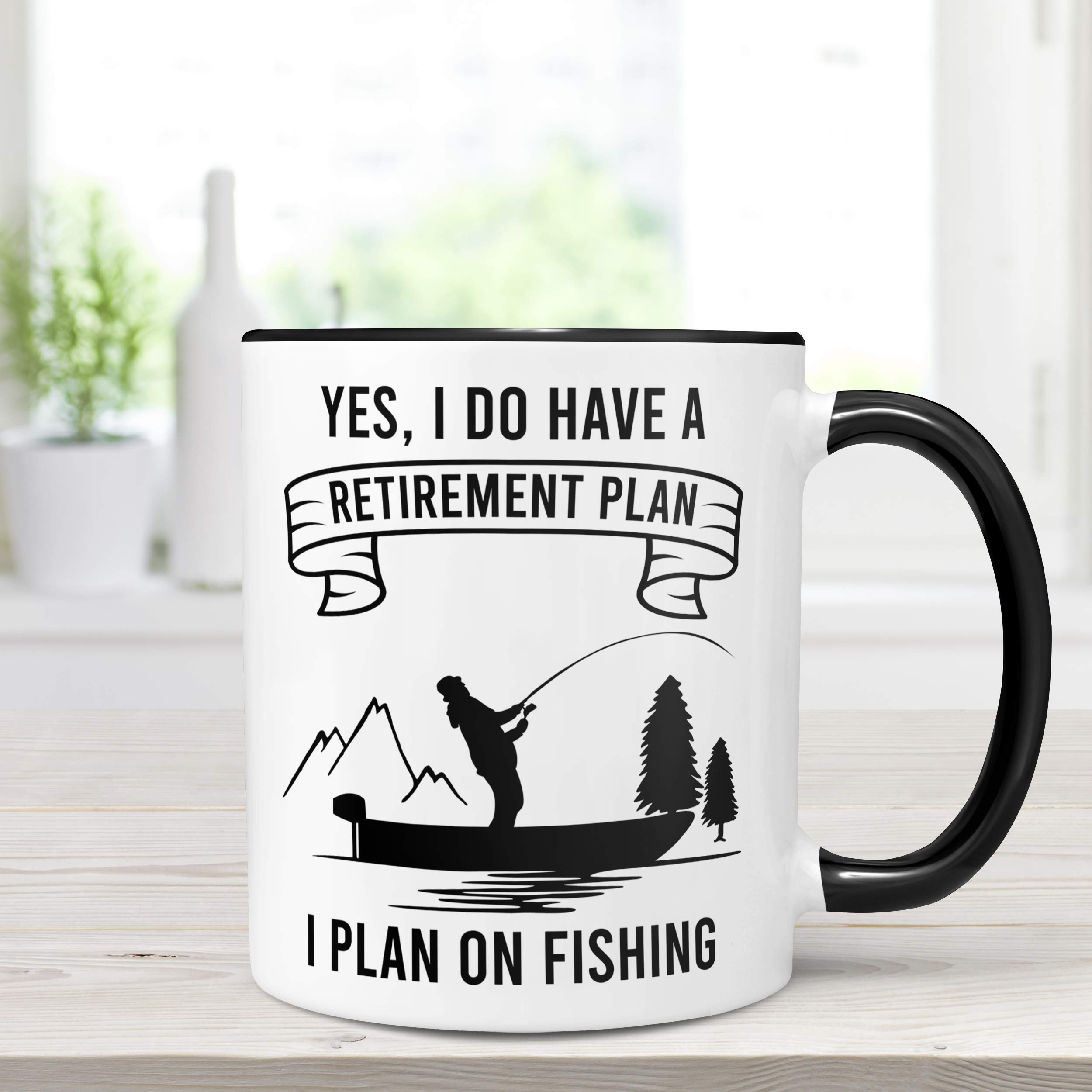 Funny Retirement Gift Coffee Mug - 'Retirement Plan: Fishing' Ceramic Cup (11 oz, Black Accent) | Dishwasher & Microwave Safe | Perfect Retirement Party, Office Farewell, or Fisherman's Gift