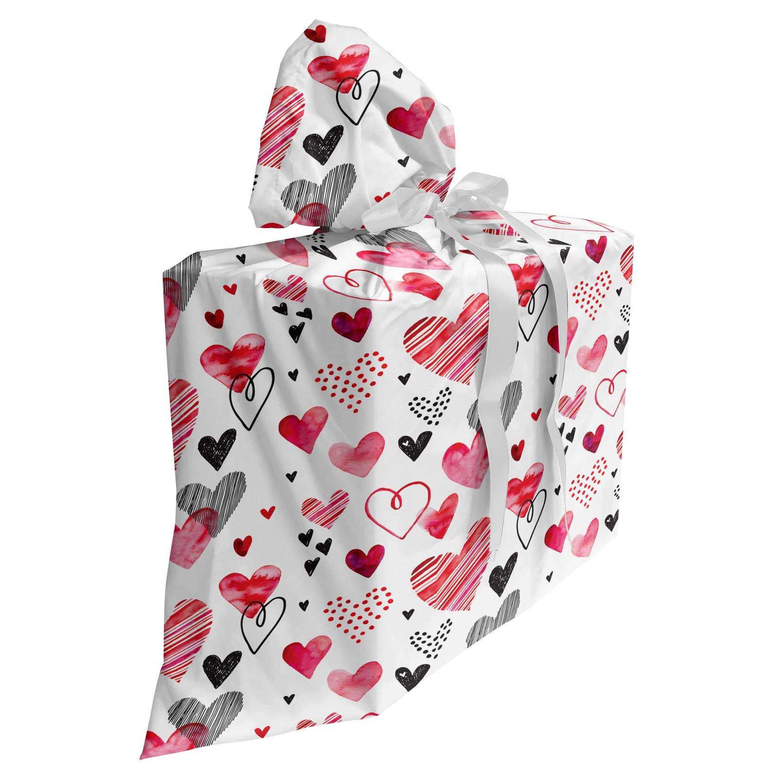 Ambesonne Valentine's Day Fabric Gift Bag - Romantic Heart Shapes, Watercolor Striped Art Design with 3 Ribbons (27