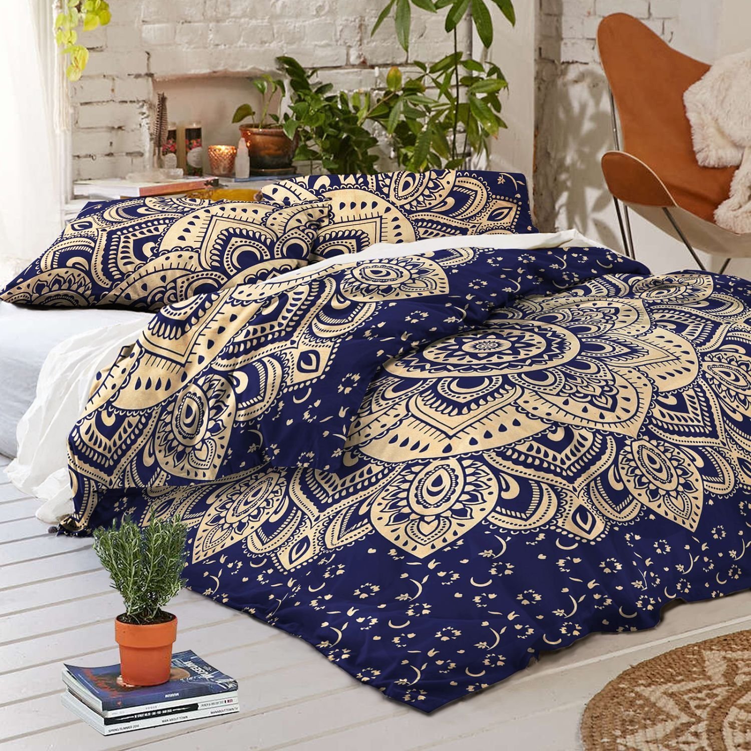 Sophia-Art Indian Handmade Bohemian Duvet Cover Set - 100% Cotton Hippie Style Mandala Ombre Bedding with 2 Pillow Shams (Blue Gold Floral, Twin 52x74 Inches) - Perfect for Boho Chic Bedroom Decor, Guest Room & Yoga Retreats