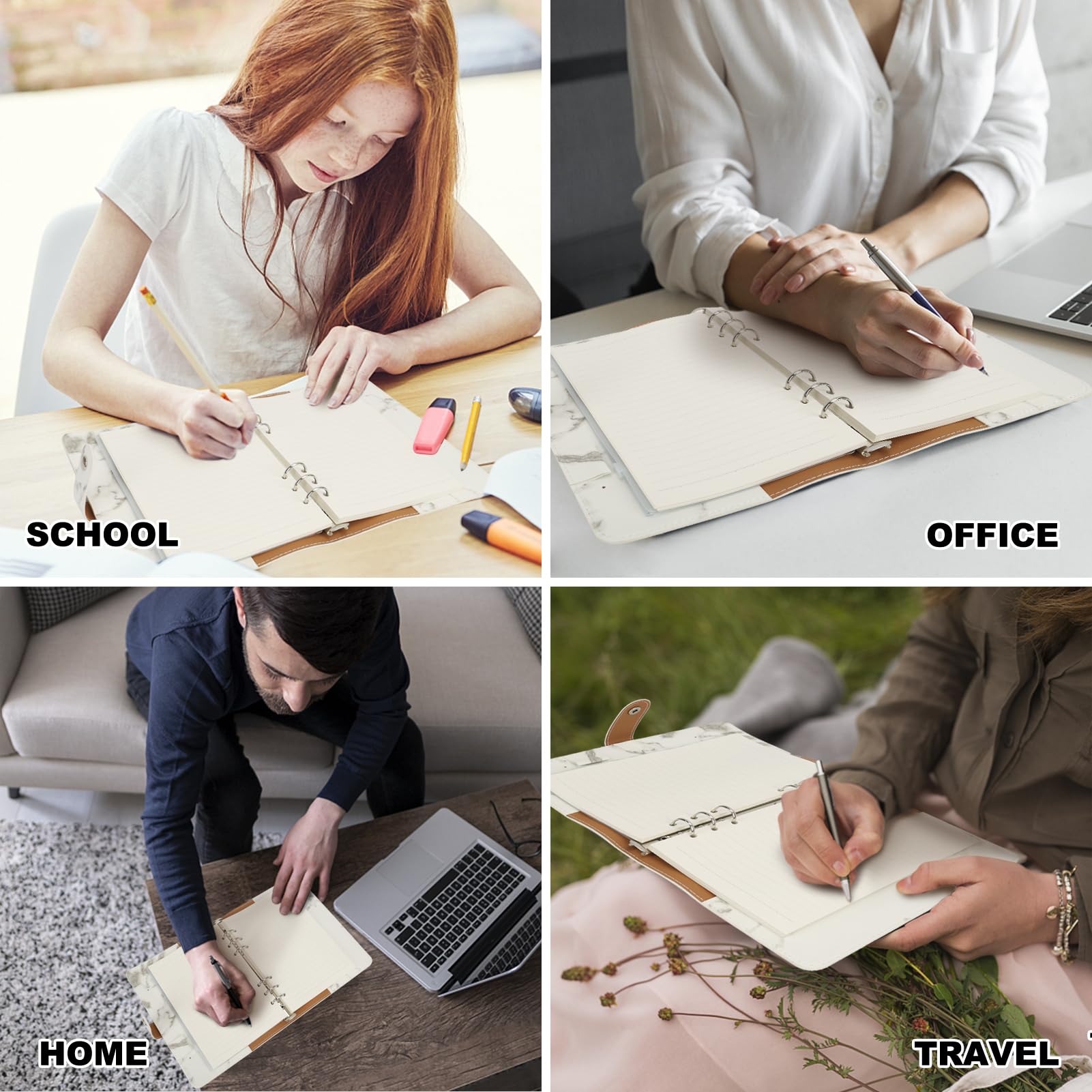 Colorlife A5 PU Leather 6-Ring Binder Notebook with Refillable Paper & Magnetic Closure - Marble White | Perfect for Office, School, Planner & Journal Organizing