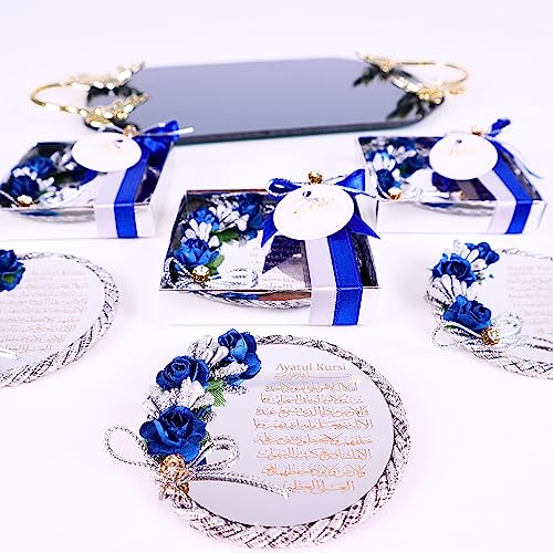 10 Pack Personalized Ayatul Kursi Islamic Magnets - Engraved Silver Acrylic with Wooden Back & Silver Rope Flower Accents - Perfect for Eid Gifts, Wedding Favors, Ramadan Decor & Home Blessings (Silver Blue)