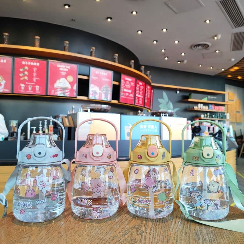 **BXCNCKD Kawaii Large Capacity Water Bottle with Straw & Portable Strap - 1100ml (Pink) - Cute Student Water Bottle for School, Gym & Outdoor Activities**
