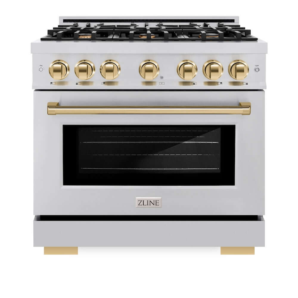 ZLINE Autograph Edition 36 Inch 5.2 Cu Ft Gas Range with 6 Burner Cooktop & Convection Oven - Stainless Steel with Polished Gold Accents (HGRZ 36 G) - Perfect for Professional Home Chefs & Modern Kitchens