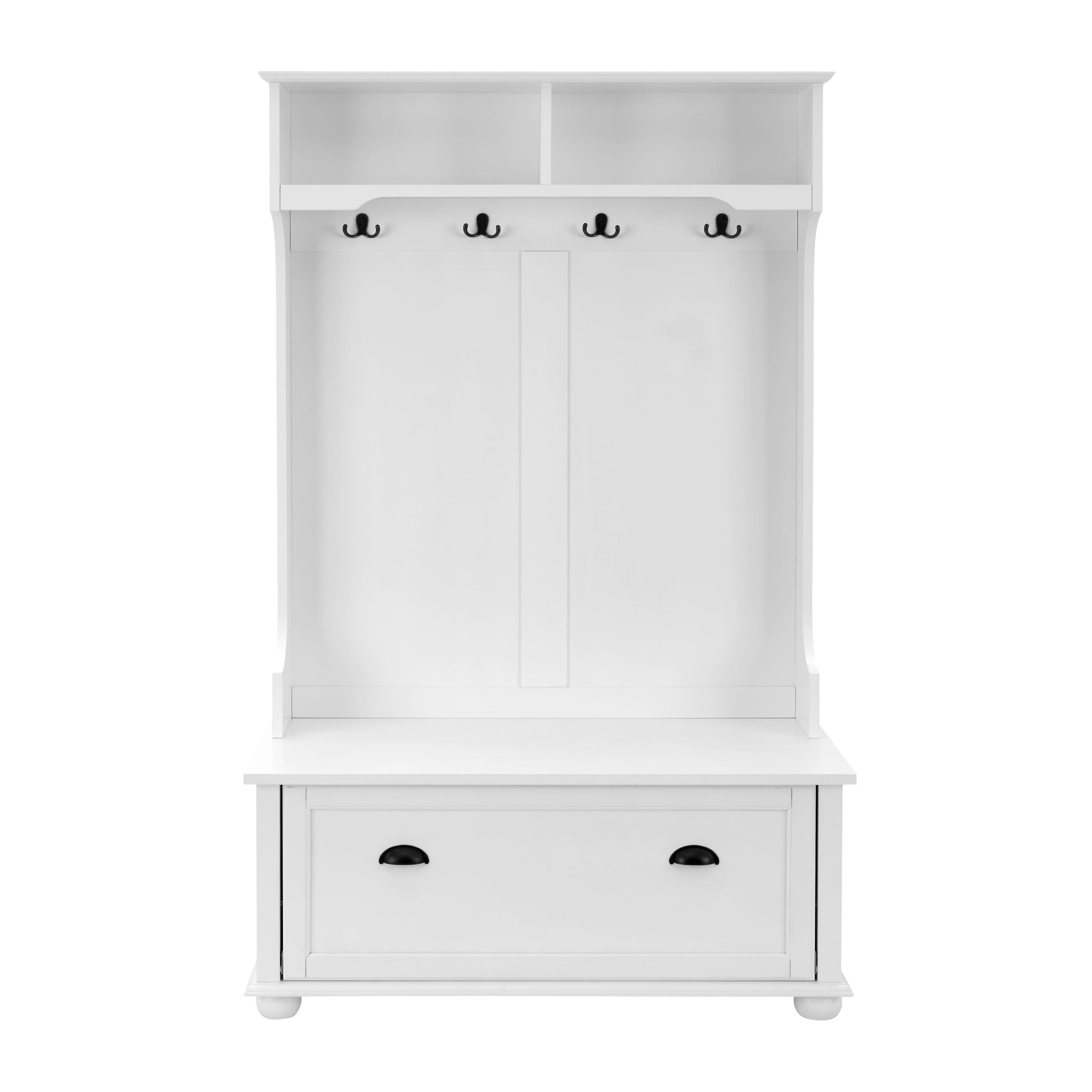 Classic Coastal Style Hall Tree Entryway Bench with Open Shelves & Shoe Storage - Solid Wood Feet, White (40.16