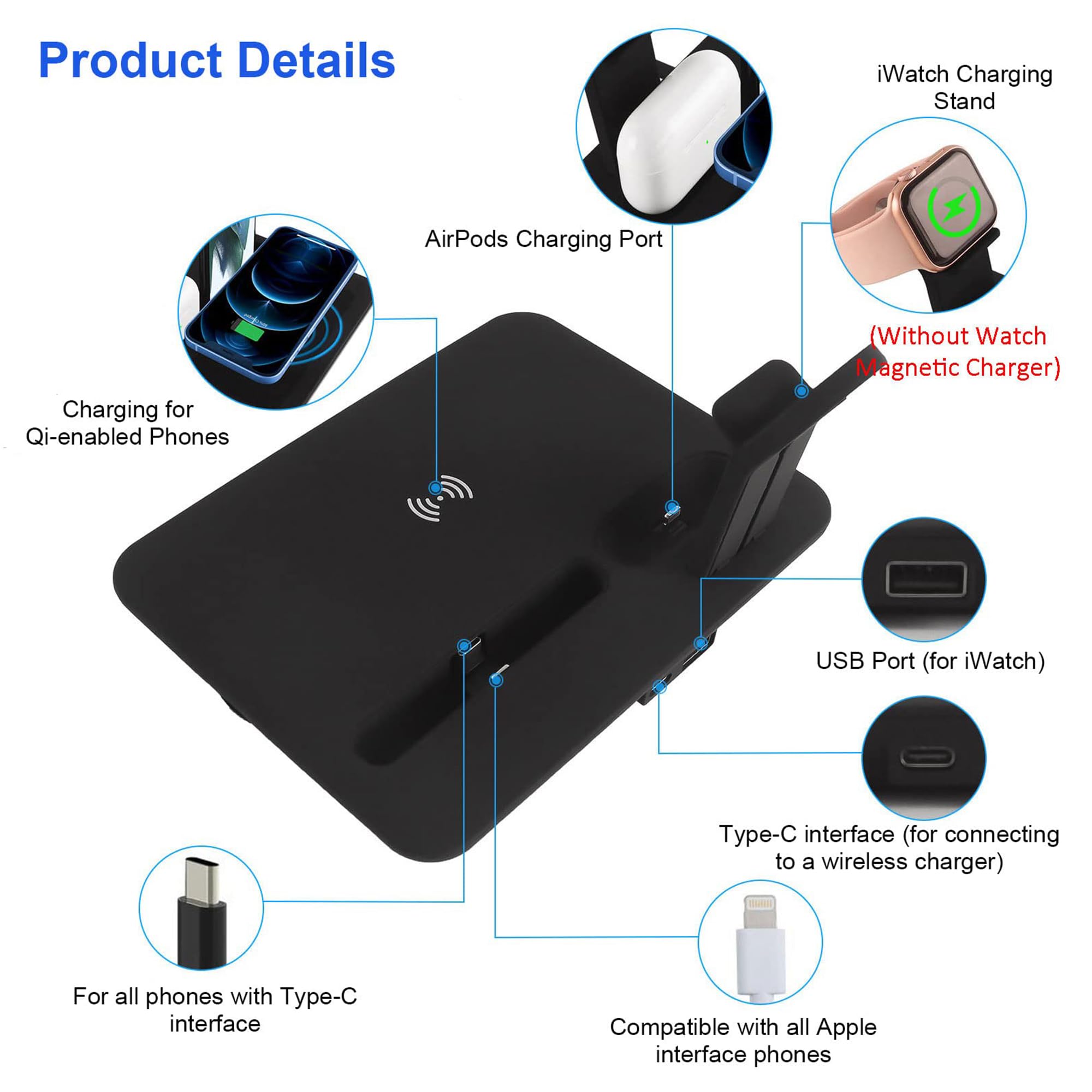 CHUYI 4-in-1 Wireless Charging Station with 18W Fast Charger - Compatible with iPhone 13/12/11 Series, AirPods & Type-C Devices | Multi-Device Charging Dock for Home, Office & Travel