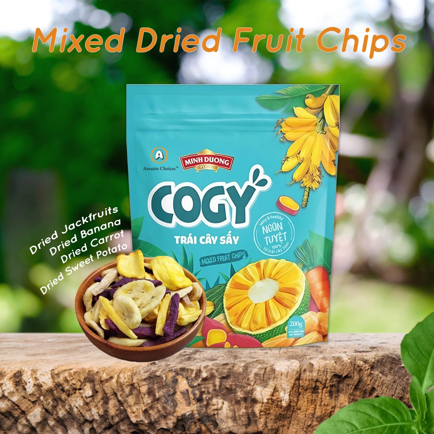 Premium Vietnamese Dried Fruit Mix - Banana Chips, Jackfruit & Sweet Potatoes (7.05oz) | Vegan, Gluten-Free Snacks for Kids & Adults by Amazin Choices | Healthy On-the-Go Snacking, Office Treats & Travel Food