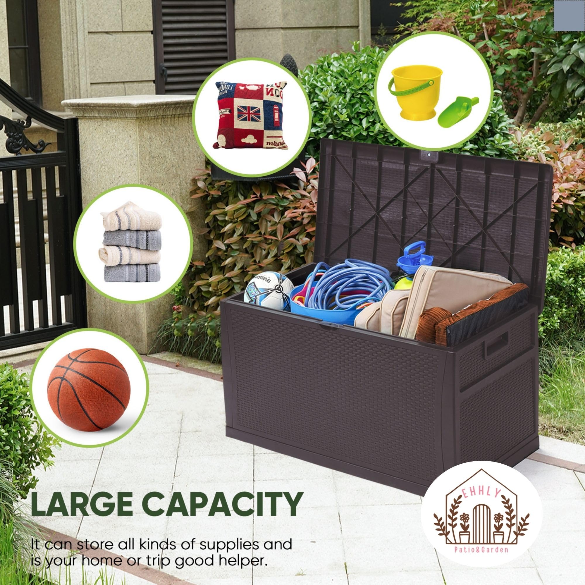 121 Gallon Outdoor Storage Box - Large Lockable Waterproof Deck Box for Patio Cushions, Garden Hoses & Pool Accessories - Durable Resin Rattan Plastic Design - Perfect for Backyard, Deck & Poolside Storage (Brown)