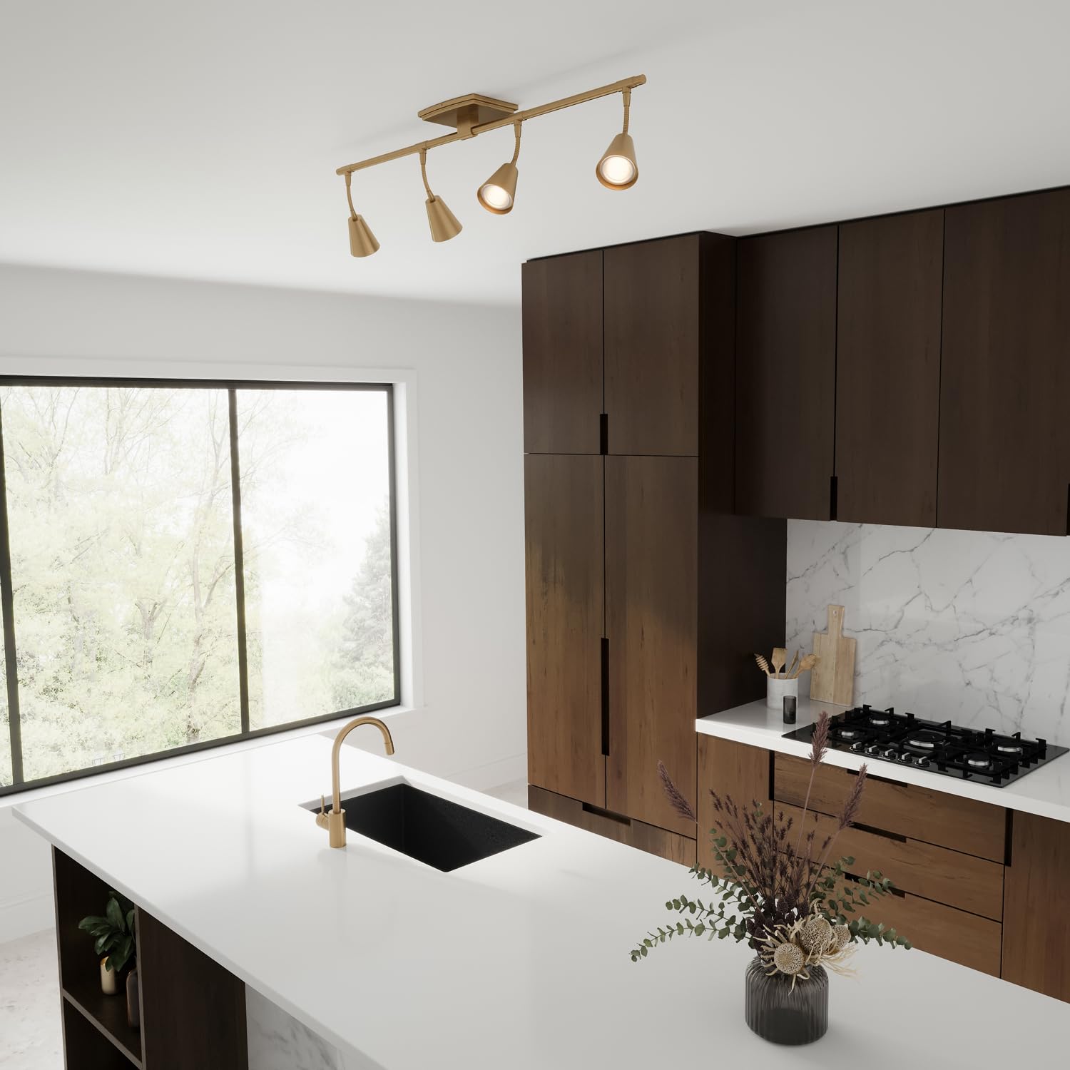 Modern LED 4-Light Track Lighting System - 32 Inch Brushed Brass with 4 GU10 Bulbs Included - Adjustable Directional Ceiling Light for Kitchen, Living Room Wall & Spotlight Fixtures - Perfect for Home, Office & Retail Spaces