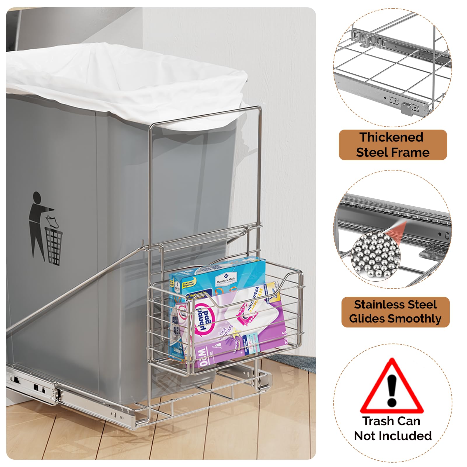 Under Sink Pull Out Trash Can Shelf - Adjustable & Space Saving Cabinet Organizer for 7-11 Gallon Bins with Removable Front Basket (Trash Can Not Included) | Perfect Kitchen Storage Solution for Small Spaces