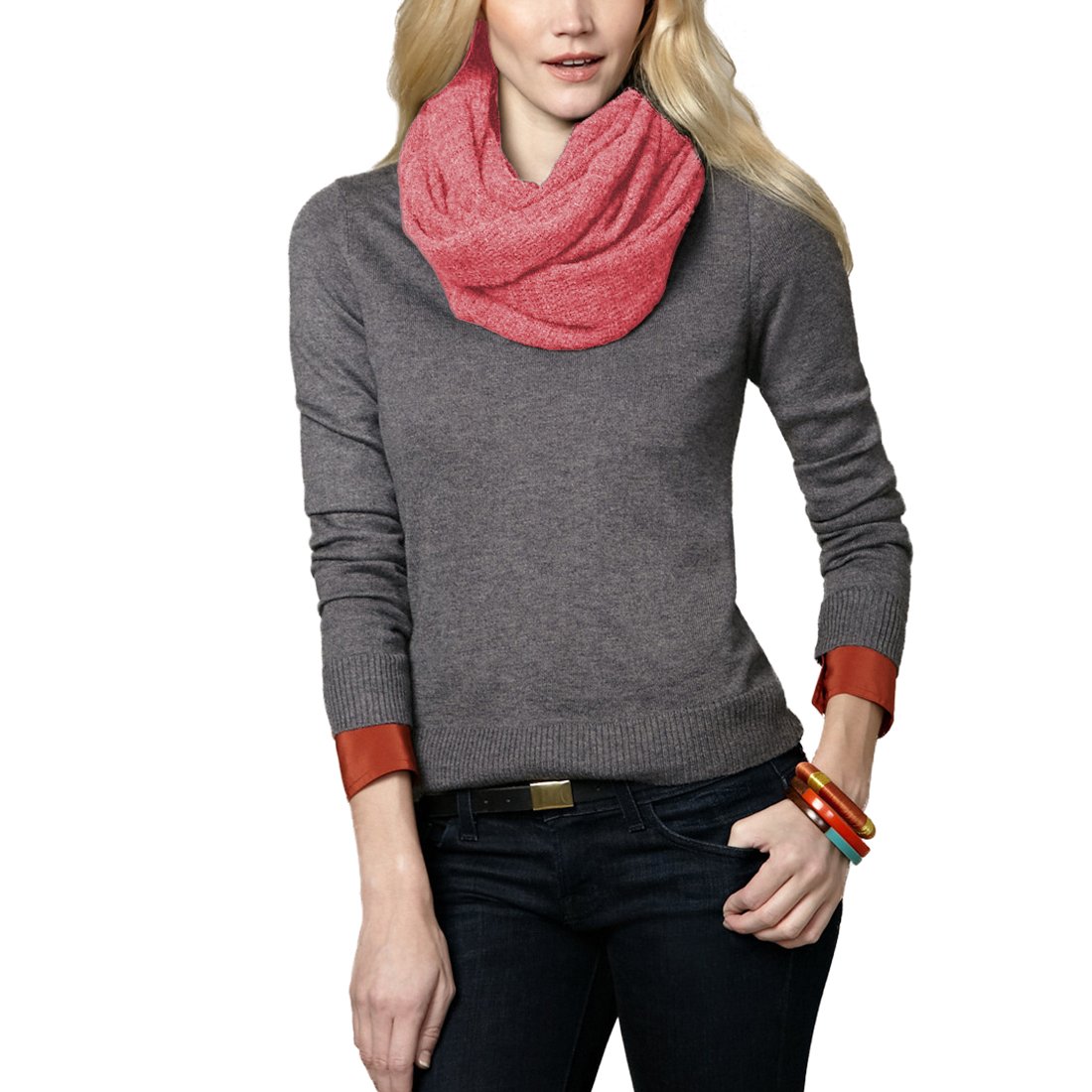 Parisbonbon Women's 100% Cashmere Classic Infinity Scarf - Soft Coral Pink Winter Wrap - Perfect for Cold Weather, Office & Gift Giving