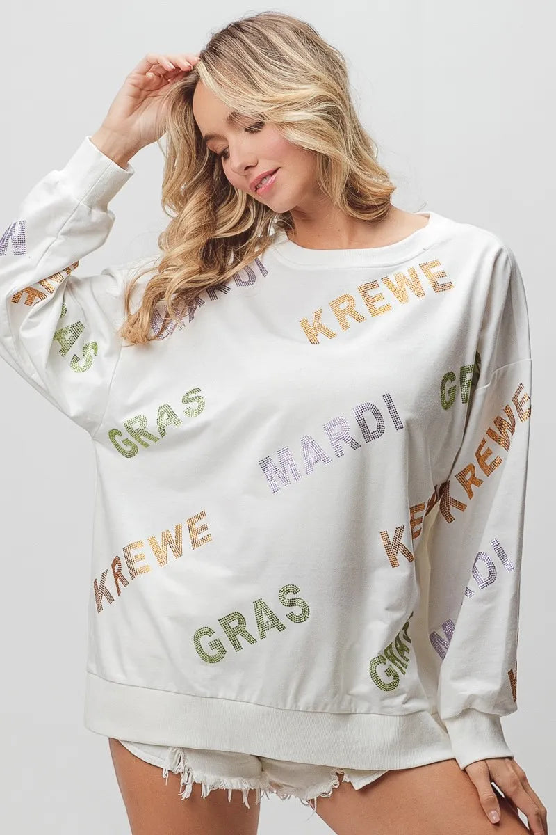 BiBi Rhinestone Mardi Gras Krewe Pullover Sweatshirt - Sparkly Festival Hoodie for Carnival, Costume Parties & Themed Events