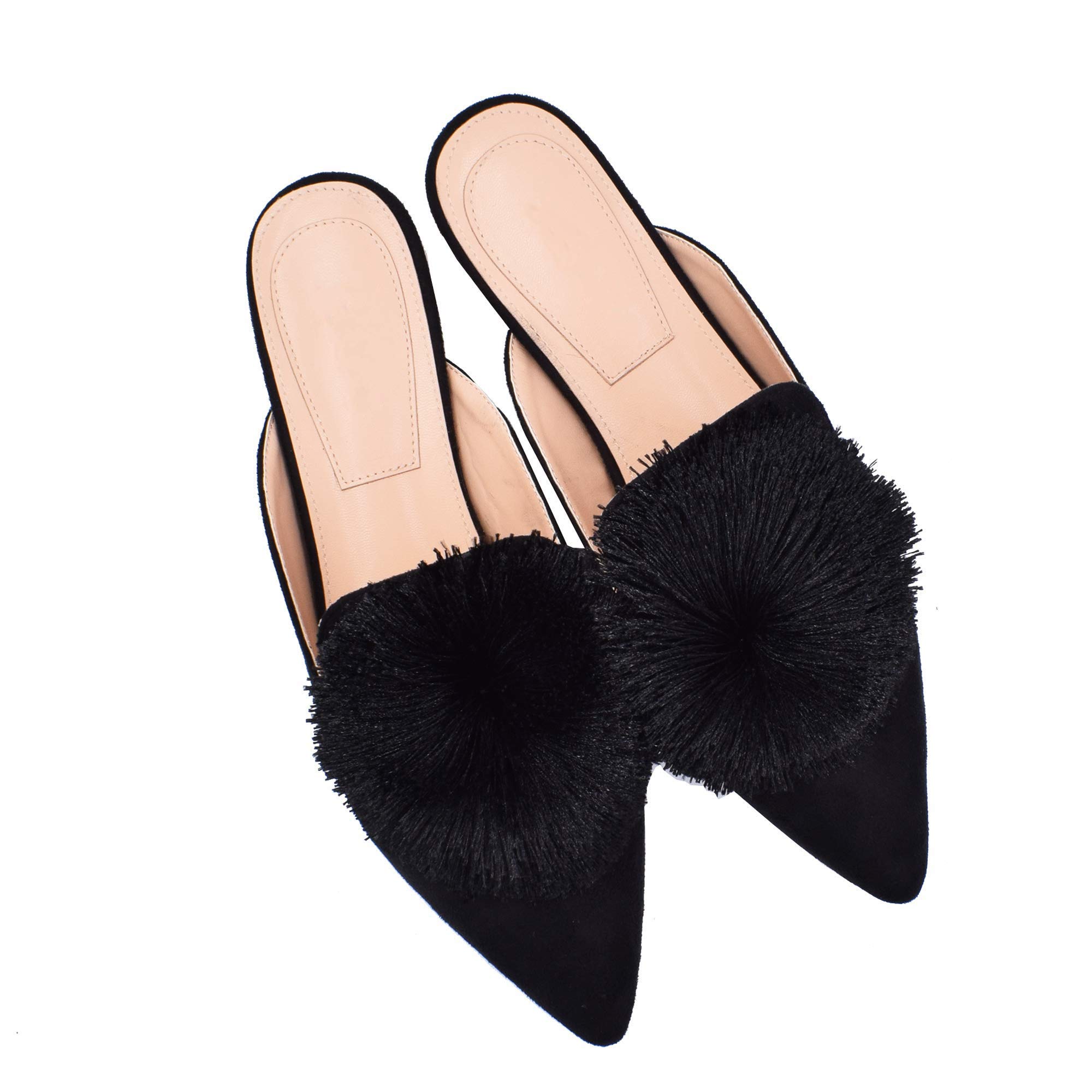 Fericzot Women's Slip On Mule Loafers - Backless Casual Flats with Puff Pompom, Pointed Toe Slippers for Home, Office & Outdoor Wear