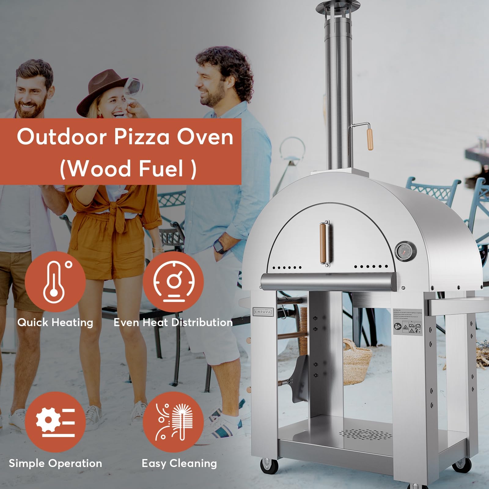 Empava 46 Inch Stainless Steel Wood Fired Pizza Oven with Wheels & Side Panel - Outdoor Kitchen, Backyard Party, Camping & Grill Accessories - Freestanding Silver Design for Patio, Garden & Tailgating