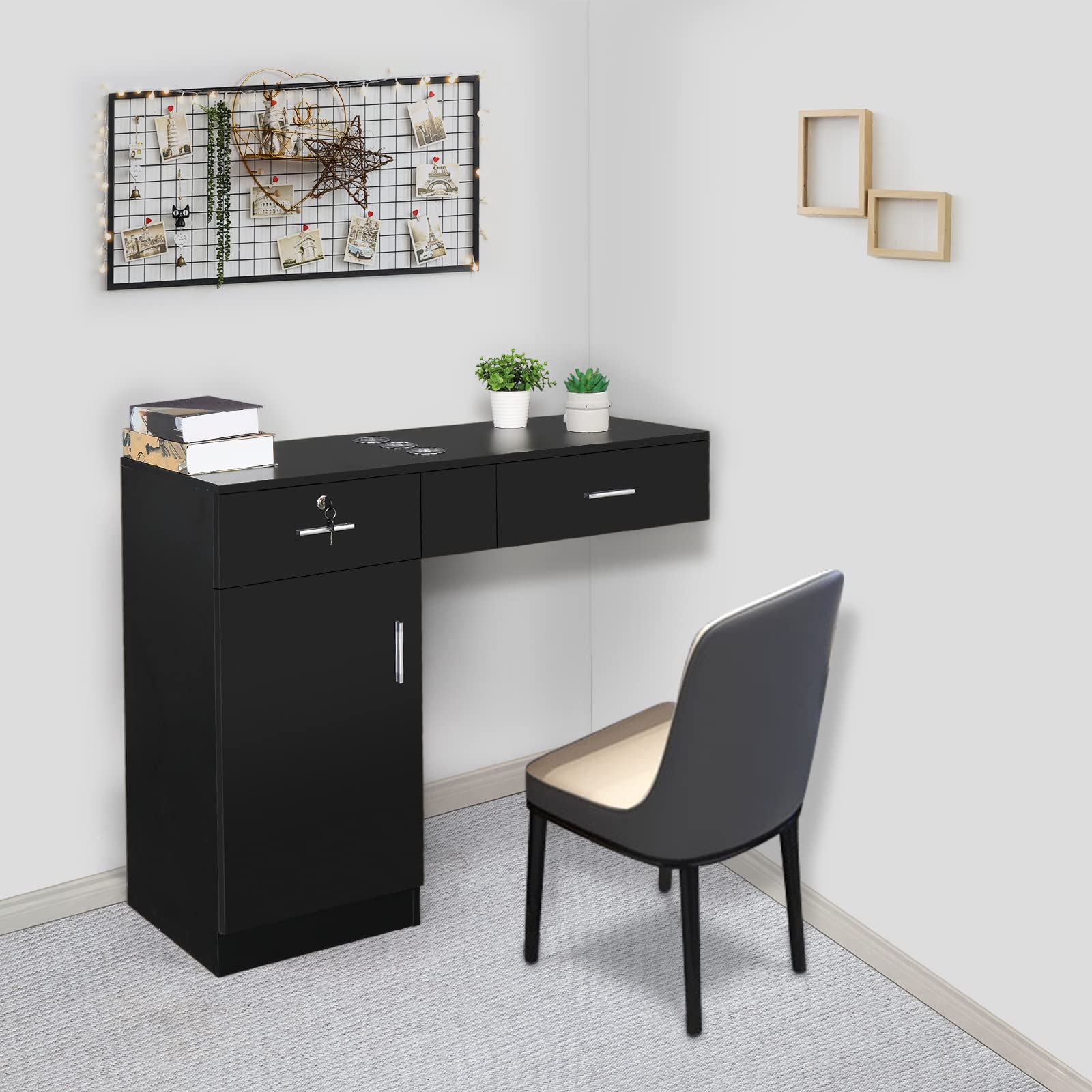Professional Salon Storage Cabinet - Wall-Mounted Hairdressing Cabinet with 2 Drawers, 2 Locks & 1 Door - L-Shaped Beauty Station with 3 Hair Dryer Holders - Perfect for Home Barbershop & Beauty Salon Organization (Black) - Ideal for Small Spaces, Salon Styling & Hairdressing Tools Storage