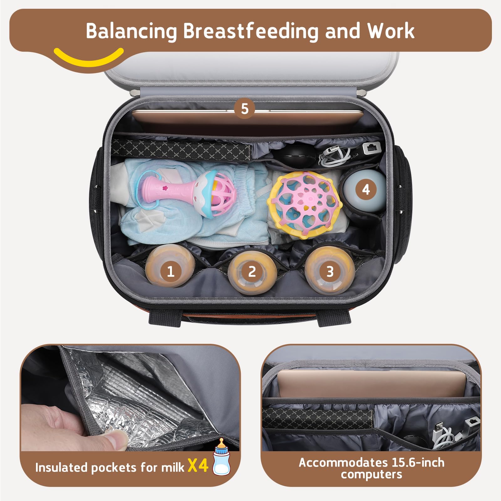 Maelstrom Unisex Baby Breast Pump Diaper Tote with 4 Breastmilk Cooler Bags - Black | Portable Nursing Organizer for Moms, Perfect for Travel, Work & On-the-Go Parenting