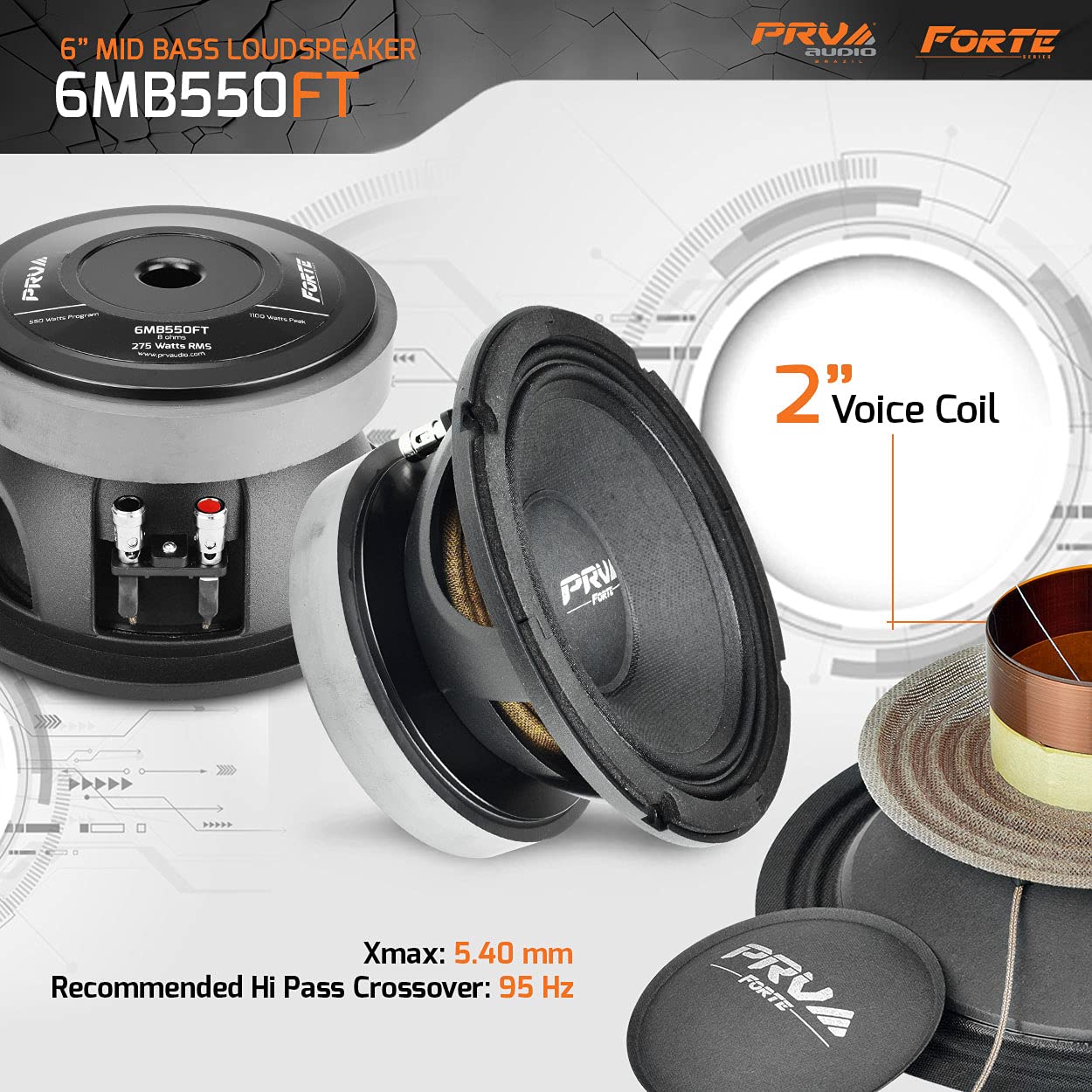PRV Audio 6.5 Inch 8 Ohm Midbass Speaker - 550W Program Power, 275W RMS - Professional Mid Bass Loudspeaker for Car Audio, Home Theater, and Live Sound Systems (Single)