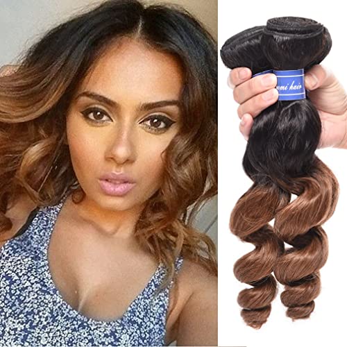 2 Tone Ombre Peruvian Loose Wave 3 Bundles Human Hair Weave - Black to Light Brown (20 22 24 Inch, T1B/30) | Spring Loose Curls for Natural Look | Perfect for Daily Wear, Parties & Special Occasions