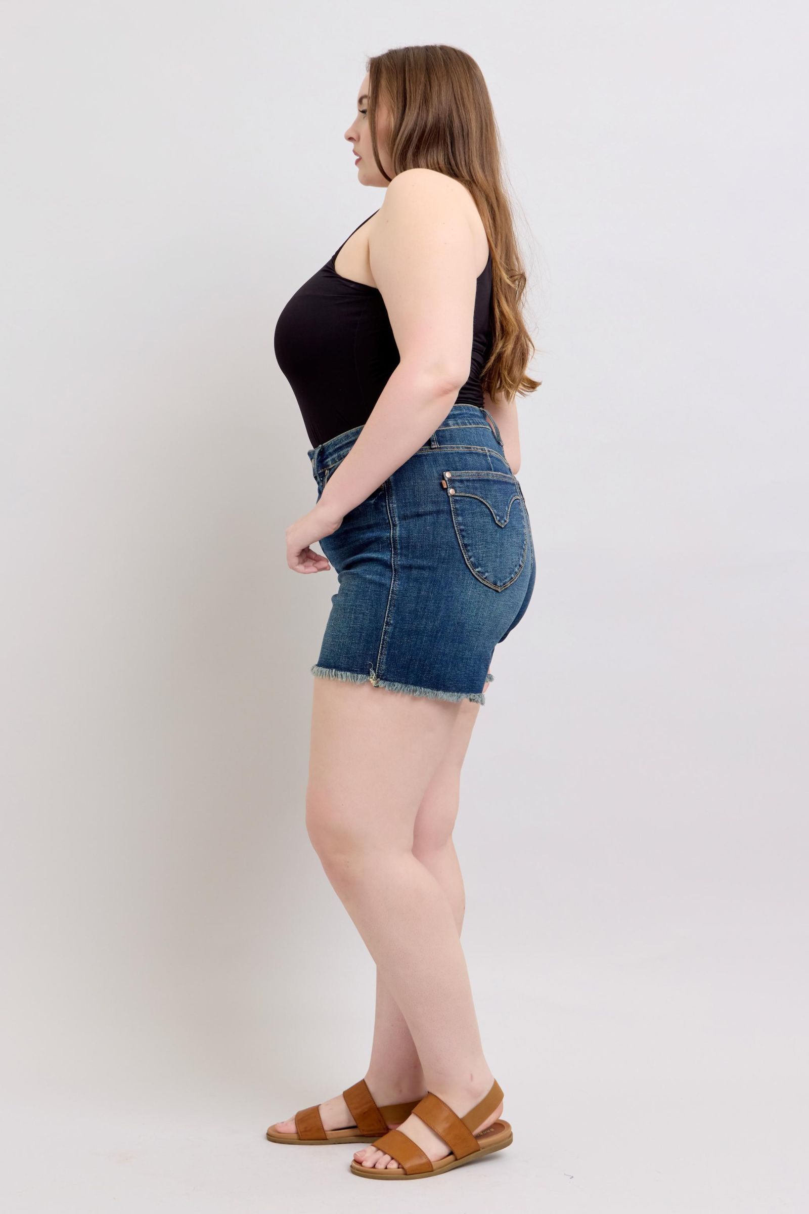 Judy Blue High Waisted Tummy Control Denim Shorts with Frayed Hem & Back Pockets | Women's Stretchy Comfort Jeans for Summer, Beach, and Casual Outfits