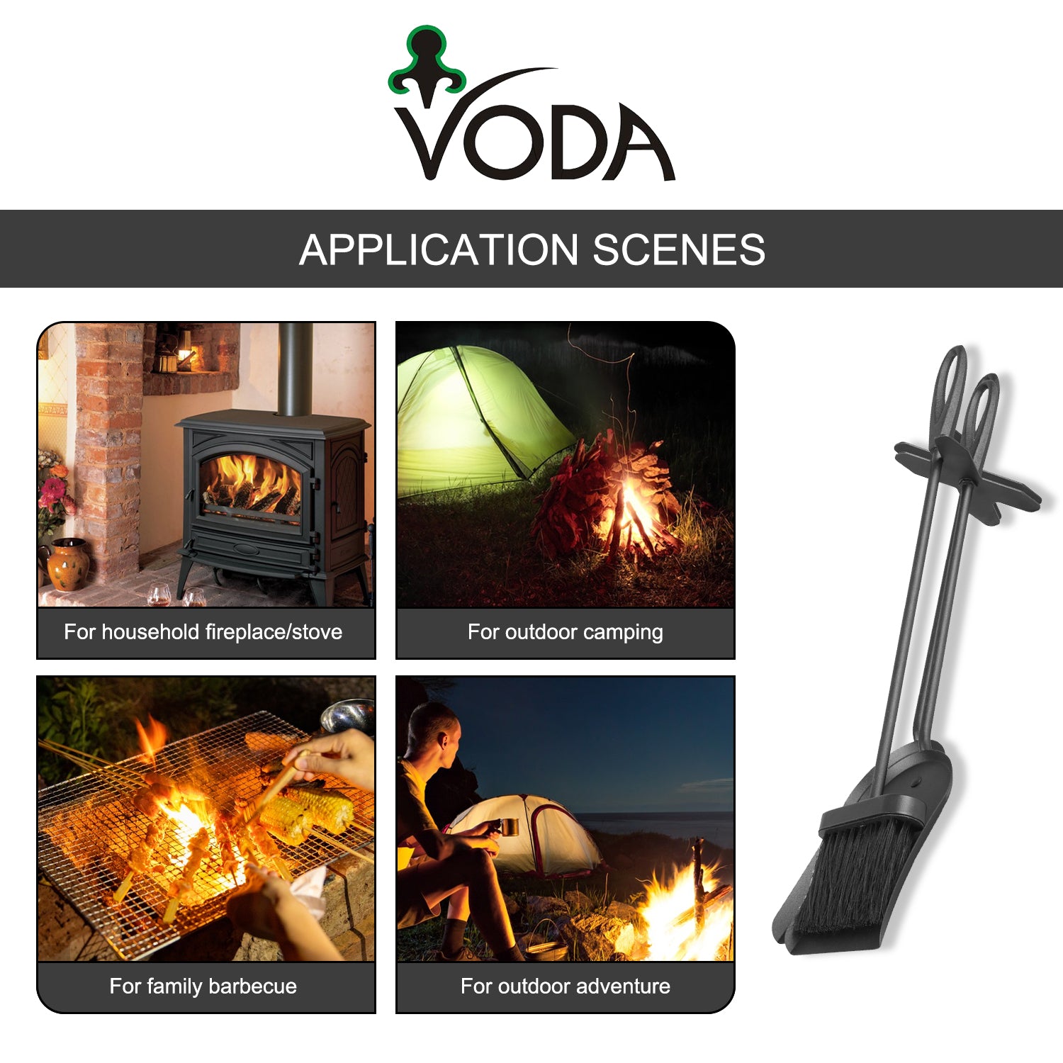VODA™ Fireplace Tools Set VDTS400 - Heavy Duty Fireplace Poker, Brush, Shovel & Stand - Perfect for Indoor & Outdoor Fire Pits, Wood Stoves, and Fireplaces
