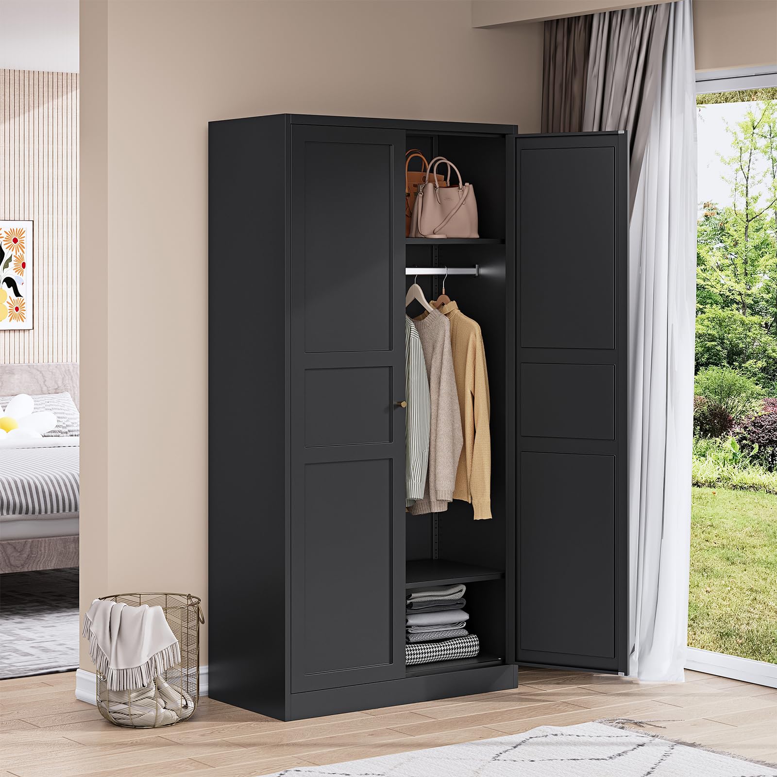 Metal Wardrobe Closet Cabinet with Doors & Shelves - Freestanding Storage Armoire for Bedroom, Laundry Room, Home Office & Bathroom - Black (Perfect for Small Spaces & Closet Organization)