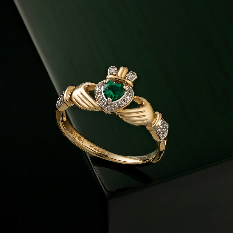 14K Gold Diamond & Emerald Claddagh Ring for Women - Irish Celtic Love & Friendship Ring - Perfect for Weddings, Anniversaries & Gifts