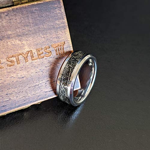 Black Tungsten Carbide Meteorite Ring for Men - 8mm Polished Silver Wedding Band with Beveled Edges & Comfort Fit - Unique Anniversary Gift for Him - Perfect for Weddings, Engagements & Special Occasions