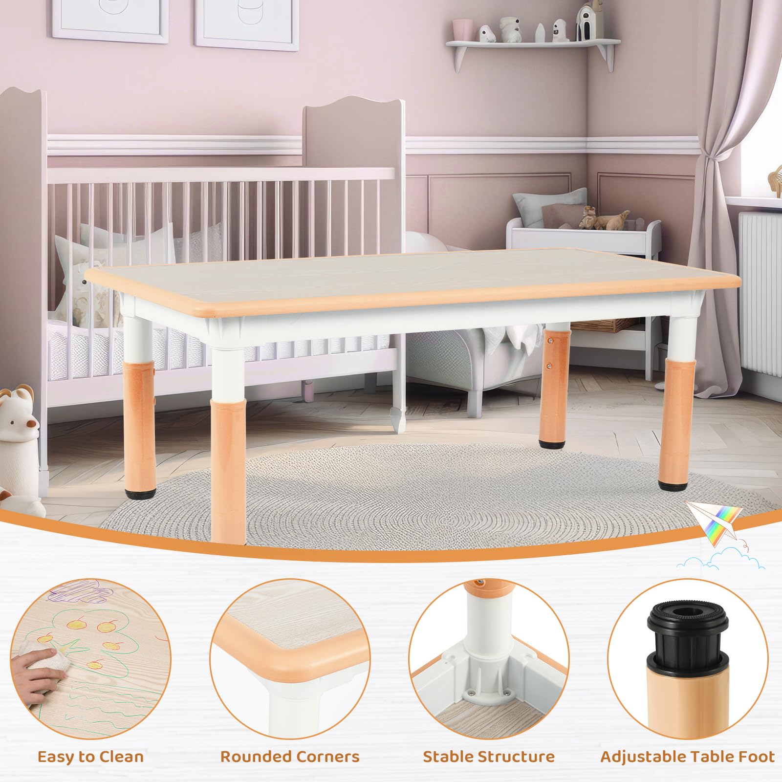 Arlopu Adjustable Height Kids Table and 6 Chairs Set - Graffiti Art Craft Activity Table for Preschoolers Ages 3-12 | Perfect for Daycare, Classroom & Home Use (Beige) - Ideal for Drawing, Painting & Creative Play