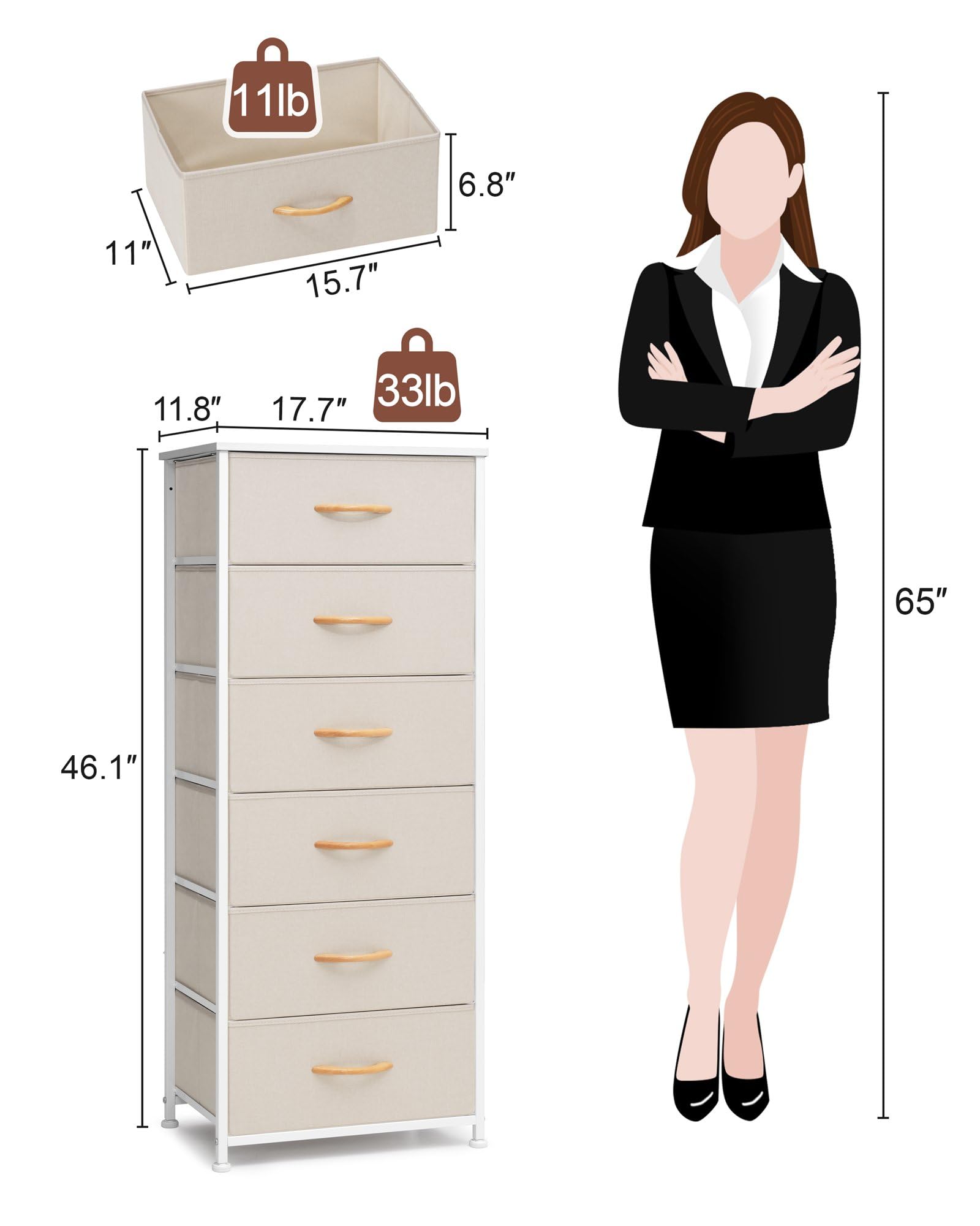 Crestlive 6-Drawer Tall Dresser for Closet - Vertical Storage Tower with Sturdy Steel Frame & Wood Top | Easy Pull Fabric Bin Handles | Bedroom, Hallway & Entryway Organizer | Perfect for Small Spaces & Apartment Living (Beige)