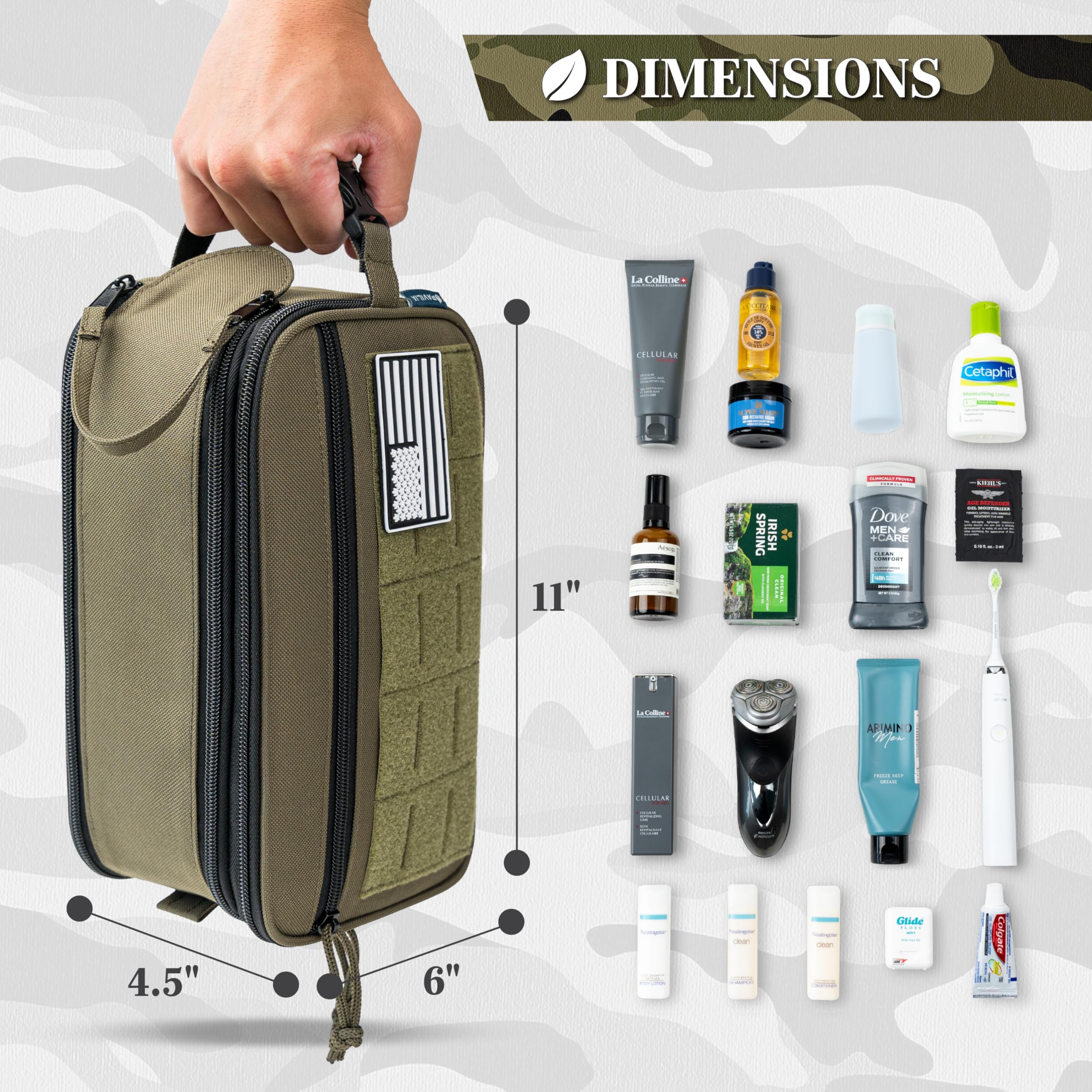 Tactical Toiletry Bag for Men - Waterproof Military Dopp Kit with Molle Pouch | Travel Shaving Grooming Essentials Organizer | Perfect for Camping, Gym & Business Trips (Olive Green)