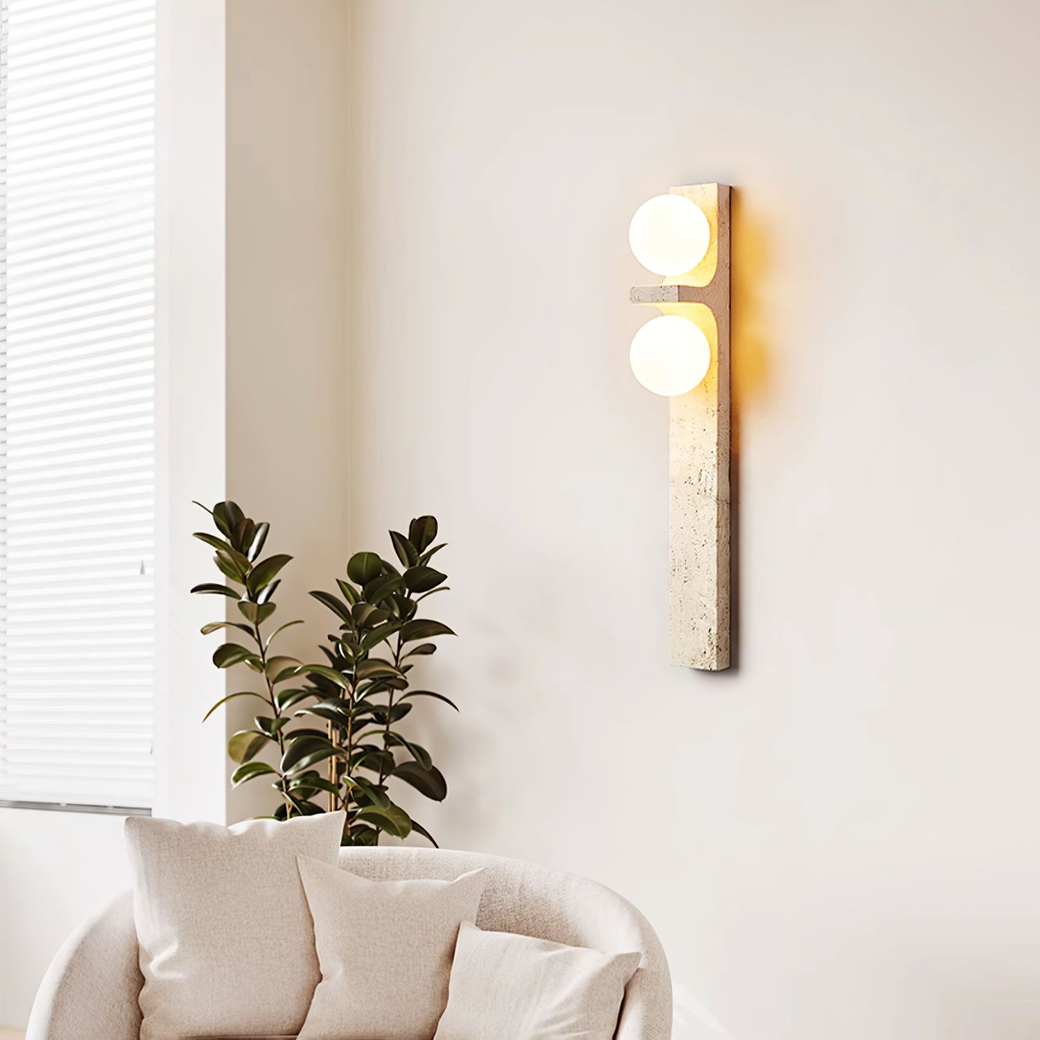 Modern Asymmetrical Travertine Wall Sconce Light Fixture - Handcrafted Natural Stone Bathroom Vanity Lighting for Bedroom, Hallway & Living Room Decor