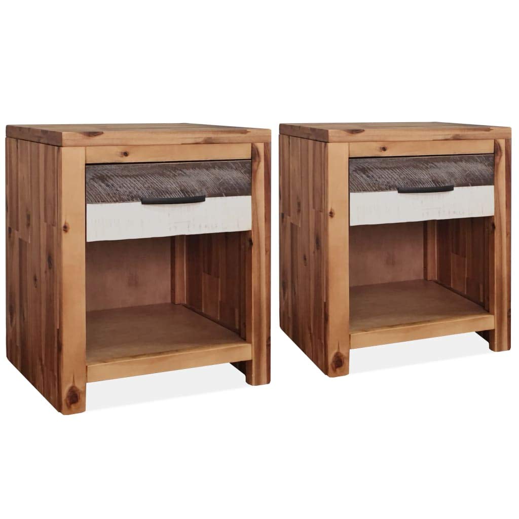 Acacia Wood Nightstand Set of 2 - 15.7x11.8x18.9 Inch Bedside Tables with Storage Bins for Bedroom & Living Room - Solid Wood Dresser, End Table, Small Furniture for Home Decor