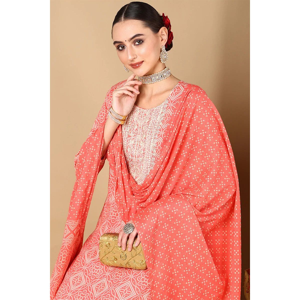 Peach Cotton Bandhani Printed Straight Suit Set for Women | Indian Ethnic Wear | Party & Wedding Outfit | Comfortable & Stylish