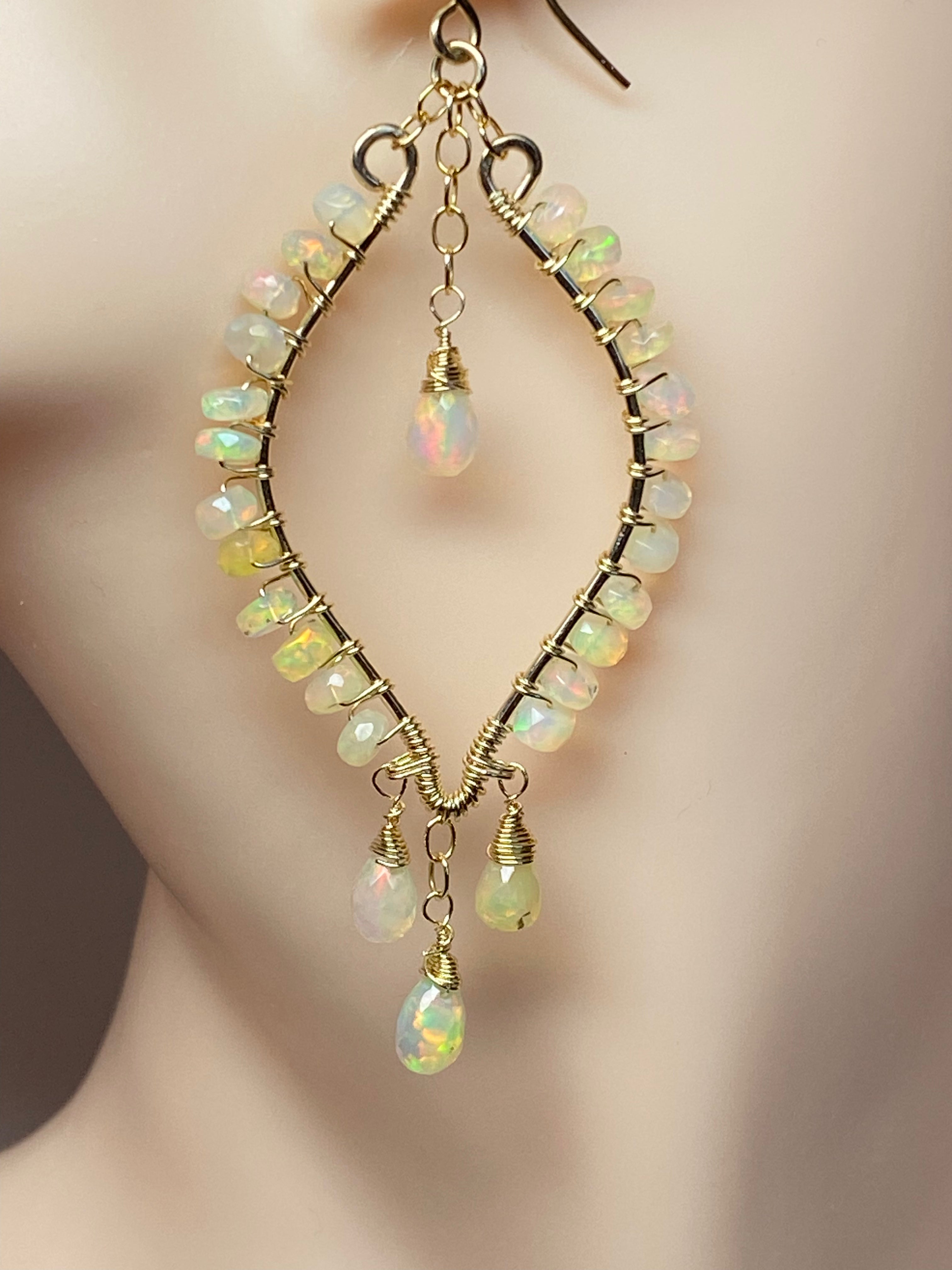 Ethiopian Opal Hoop Chandelier Earrings - 14K Gold Filled Dangle Earrings for Women, Elegant Statement Jewelry for Parties, Weddings & Special Occasions