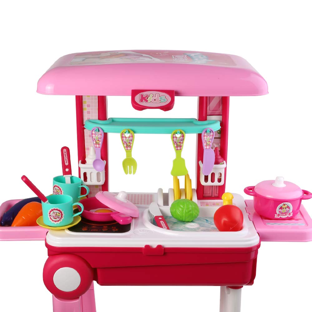 2 in 1 Pretend Play Kitchen Toy Set - Portable Travel Suitcase Kitchen Playset for Kids | Perfect for Indoor & Outdoor Role Play Games, Birthday Gifts for Boys & Girls Ages 3-6