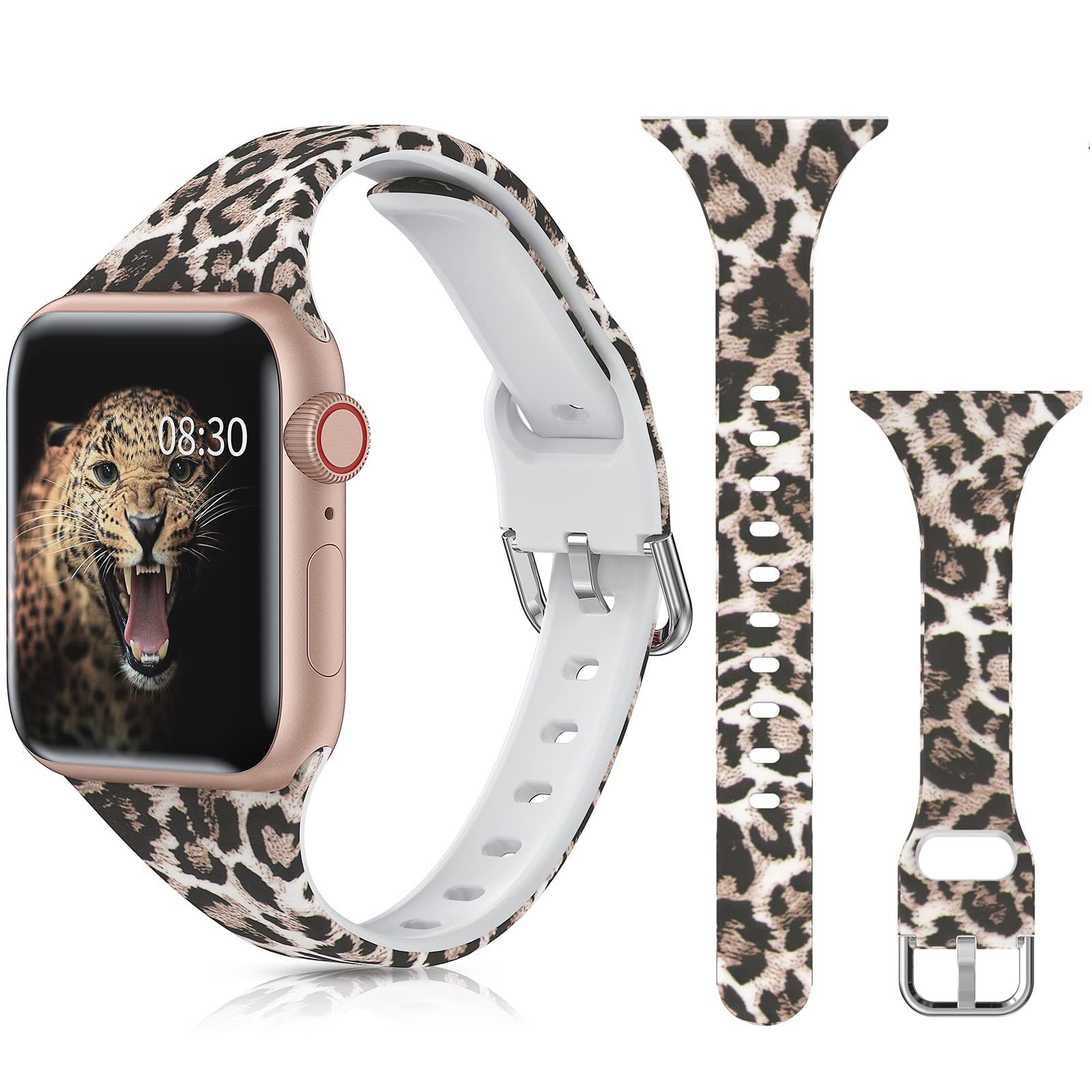 Moolia Slim Floral Print Apple Watch Band - Soft Silicone Replacement Strap for iWatch Series 8/7/6/5/4/3/2/1/SE - Compatible with 38mm 40mm 41mm - Fade-Resistant Women's Narrow Leopard Pattern Strap - Perfect for Workouts, Office Wear & Everyday Fashion