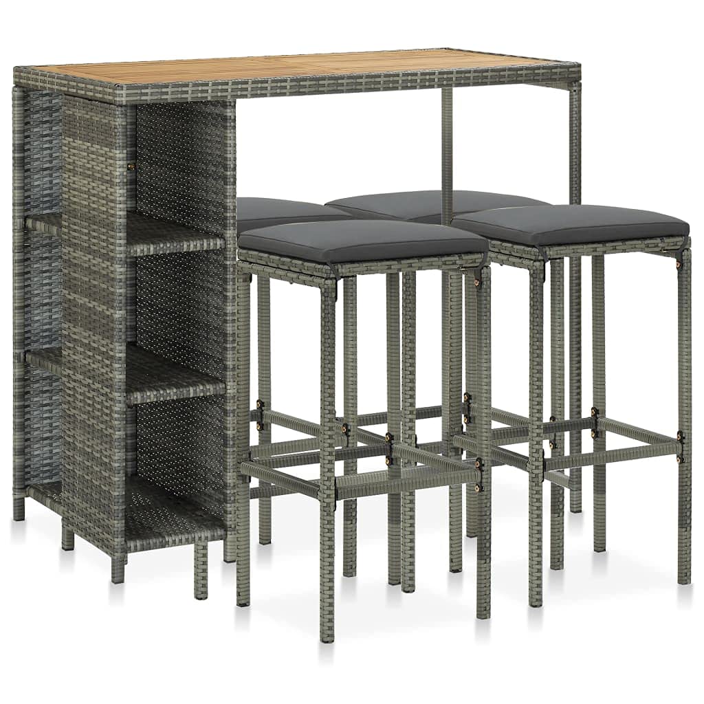 5-Piece Gray & Anthracite Poly Rattan Outdoor Bar Height Table Set with Cushions - Patio, Backyard, Porch & Garden Furniture for Dining & Entertaining