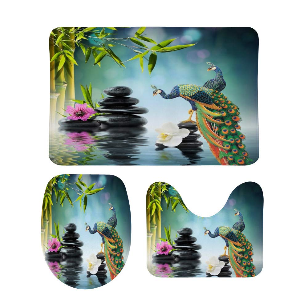 Premium Non-Slip Bathroom Rug Set - 3-Piece U-Shaped Contour Toilet Mat with Peacock Design, Super Absorbent & Anti-Skid for Bathroom, Toilet & Shower Floor Protection - Perfect for Home, Apartment & Guest Bath Decor