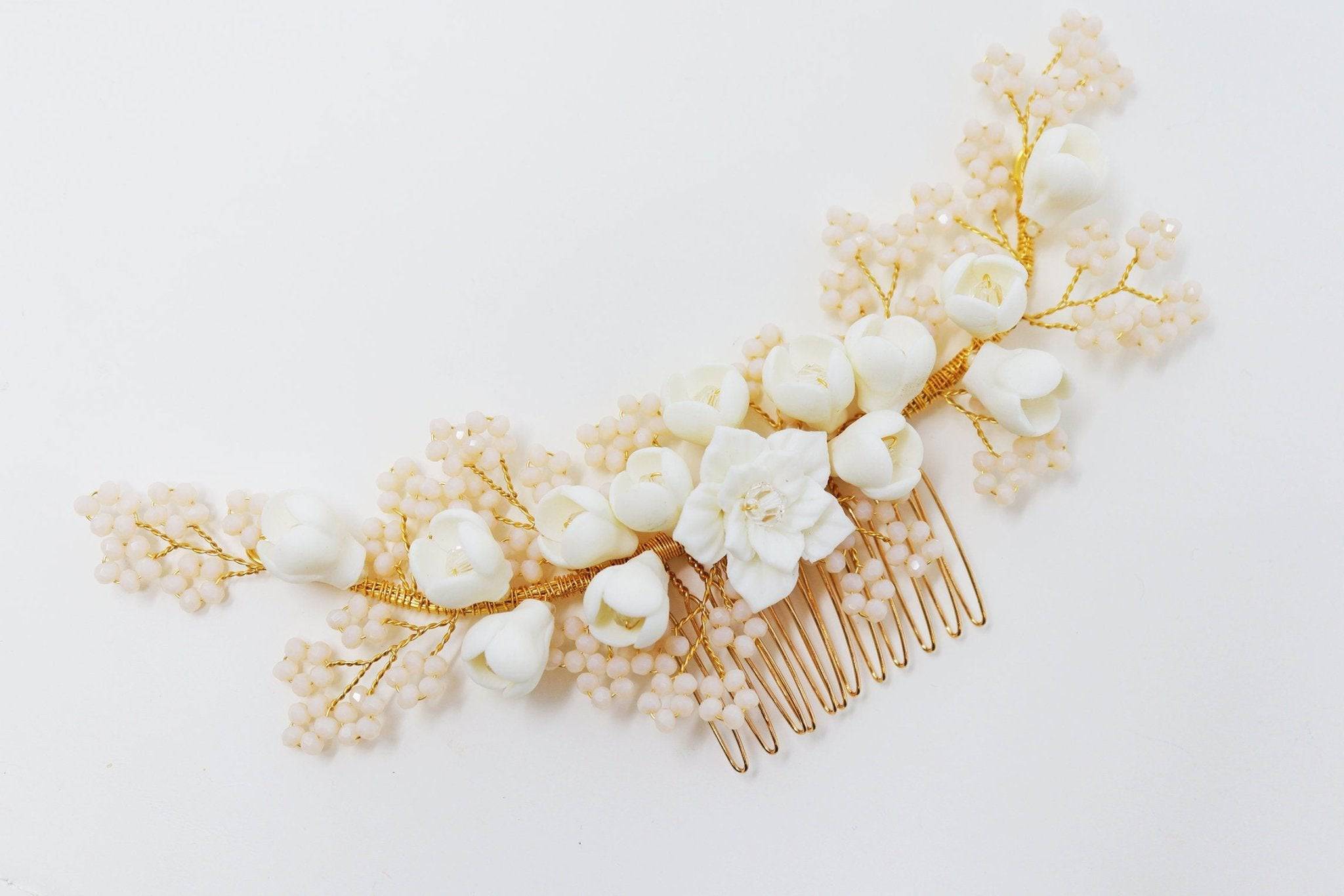 Swarovski Crystals Large White Ceramic Flower & Tiny Baby Pink Flowers Bridal Hair Comb - Elegant Wedding Hair Accessories for Brides, Bridesmaids & Special Occasions