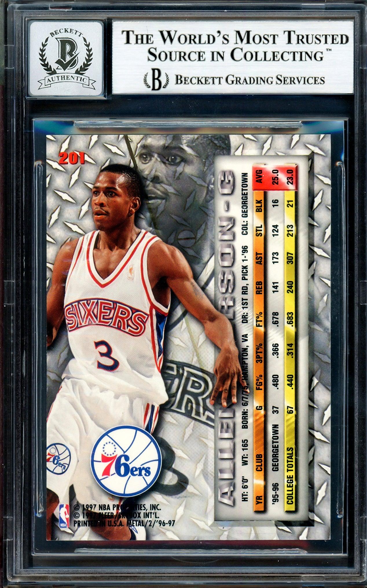 Allen Iverson Autographed 1996-97 Fleer Metal Rookie Card #201 Philadelphia 76ers Beckett BAS Gem Mint 10 - NBA Collectible for Sports Memorabilia Display & Investment