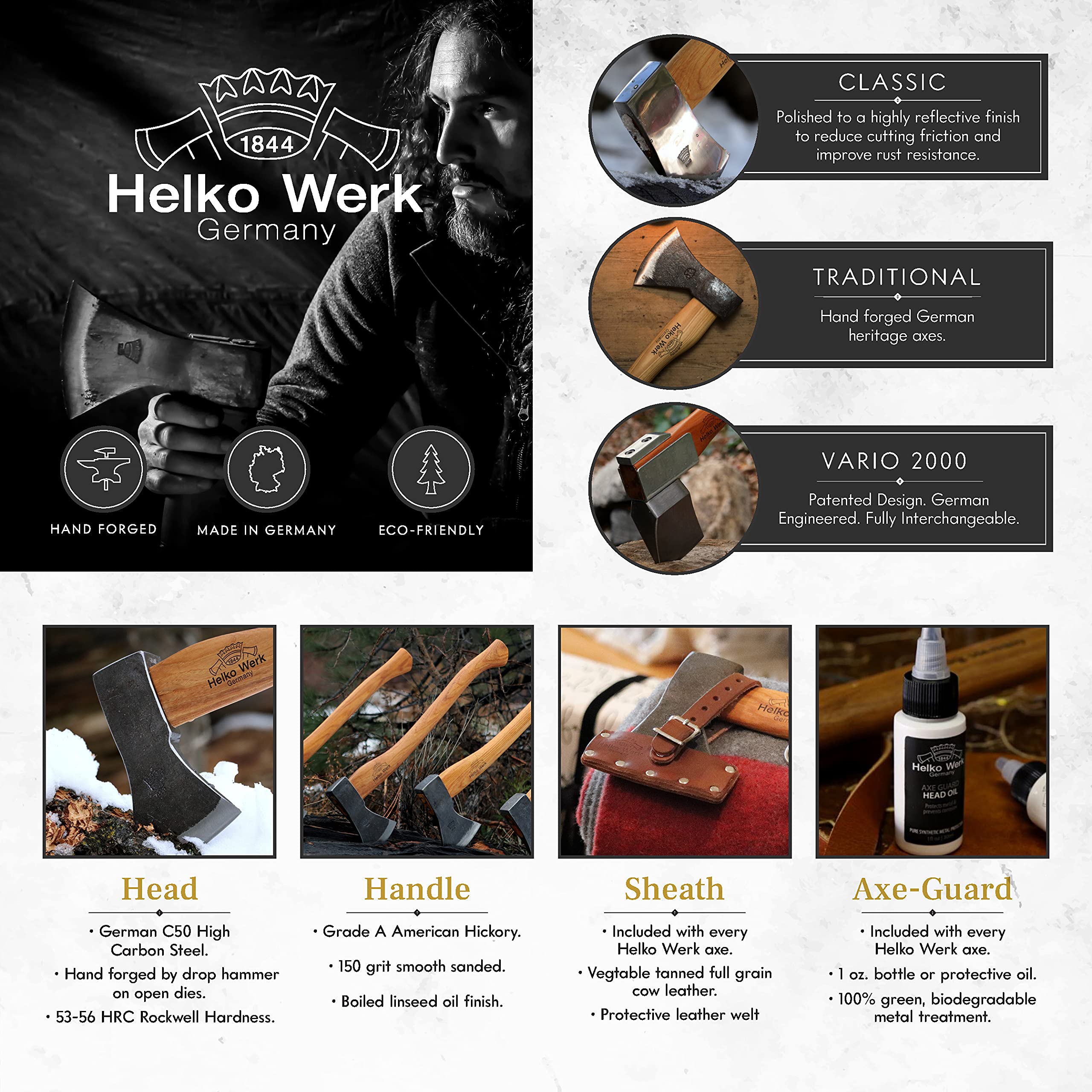 1844 Helko Werk Germany Premium Axe Care & Maintenance Kit - Includes Sharpening Stone, File, Handle Oil, Head Oil, Blade Cleaner, Sandpaper & Wedges - Wood Chopping & Camping Axe Maintenance Tools