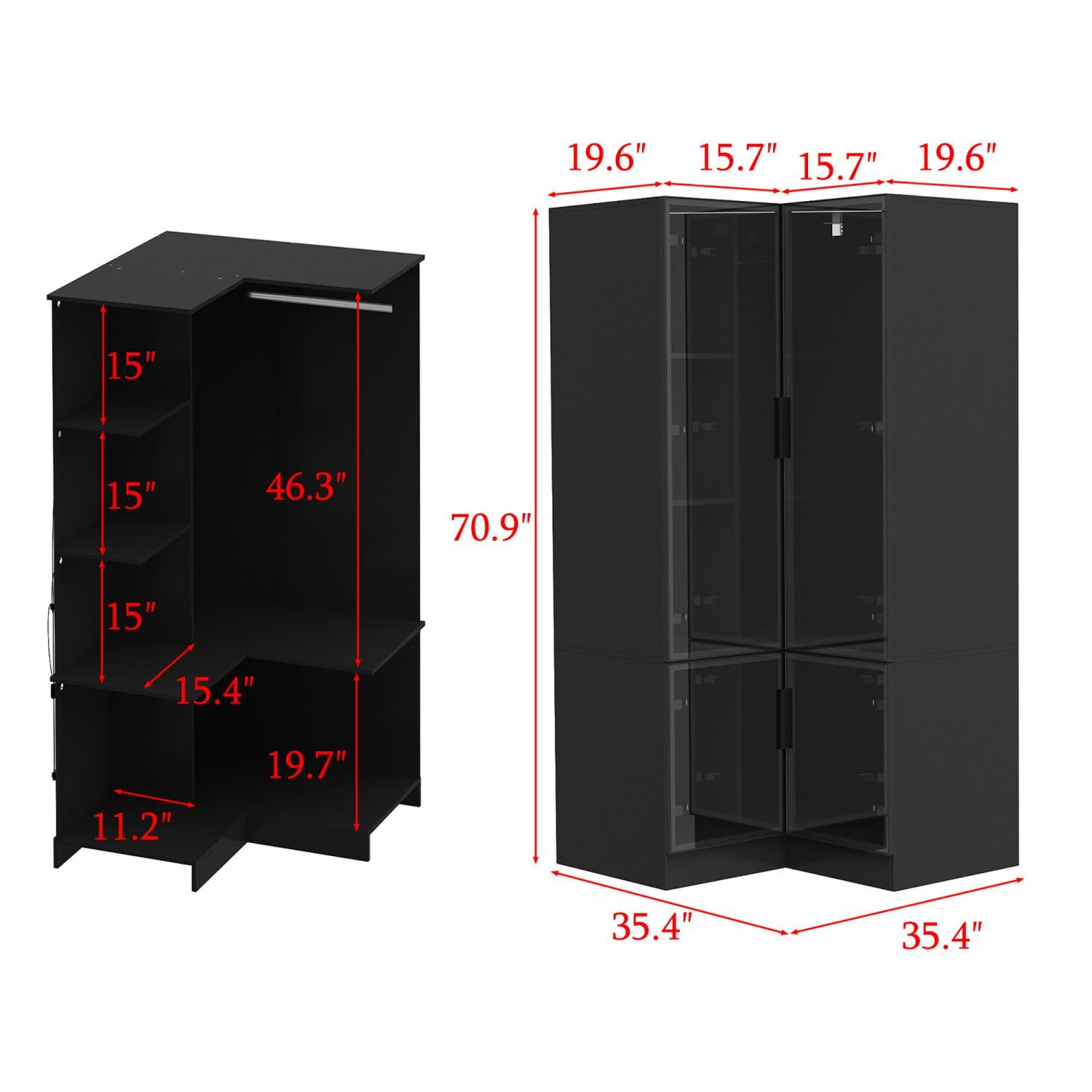 MOUMON L-Shaped Corner Wardrobe Closet with Glass Doors & LED Lights - Freestanding Clothes Storage Cabinet with Hanging Rod & Adjustable Shelves - Perfect for Bedroom, Guest Room, Walk-In Closet - Black (35.4”D x 35.4”W x 70.7”H) - Space-Saving Storage Solution for Small Apartments & Modern Homes