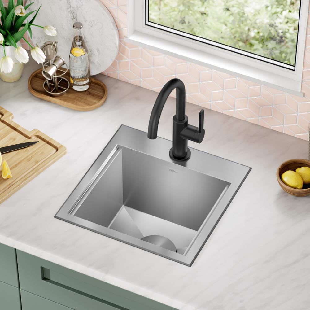 KRAUS Kore 15-Inch Drop-In/Top Mount Stainless Steel Kitchen Sink - 16 Gauge Single Bowl Bar Prep Sink with Accessories (Model KWT321-15) - Perfect for Small Kitchens, Bars, and Food Prep Stations