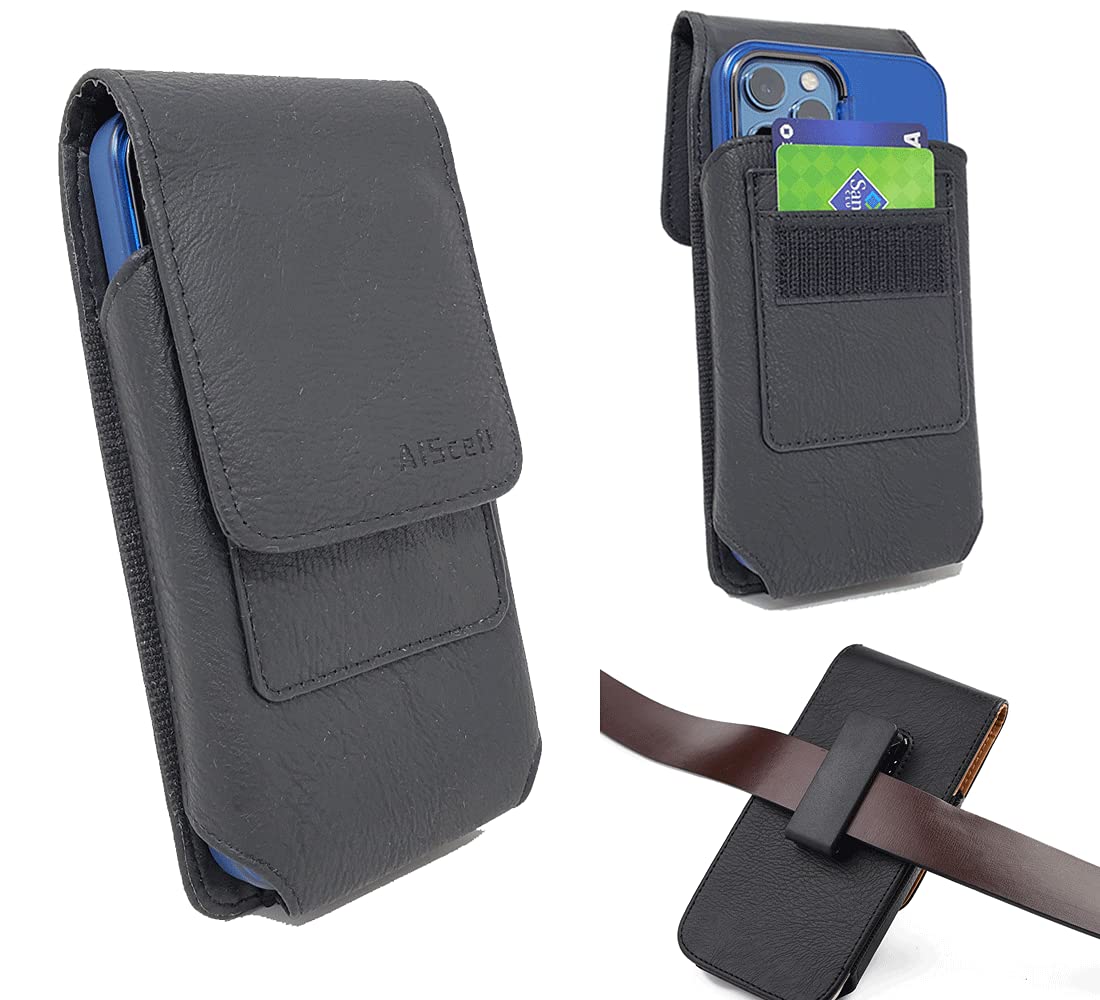 Premium Black Leather Vertical Wallet Case with Rotating Belt Clip Holster for iPhone 16 Pro Max/Plus, 15 Pro Max/Plus, 14 Pro Max/Plus, 13 Pro Max, 12 Pro Max - Protective Phone Cover with Card Slots | Perfect for Outdoor Activities, Work & Travel