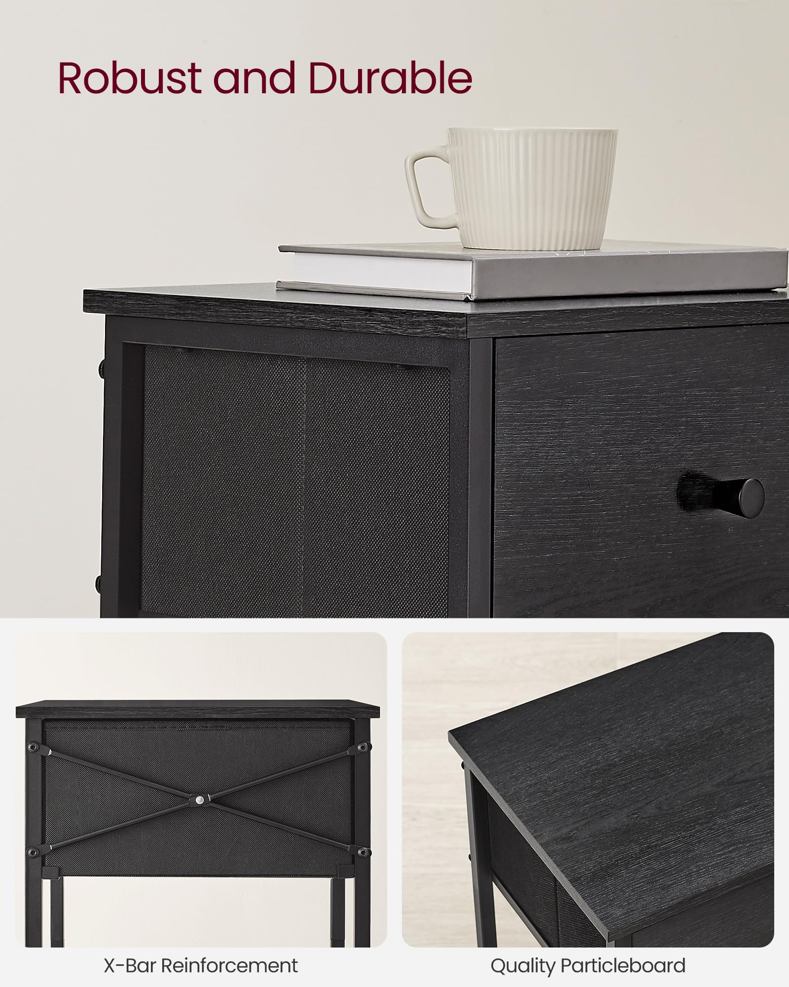 VASAGLE 2-Piece Nightstand Set with Fabric Drawer and Storage Shelf, 24-Inch Tall End Table for Bedroom - Black ULGS221B21 | Perfect for Small Spaces, Guest Rooms & Apartment Living