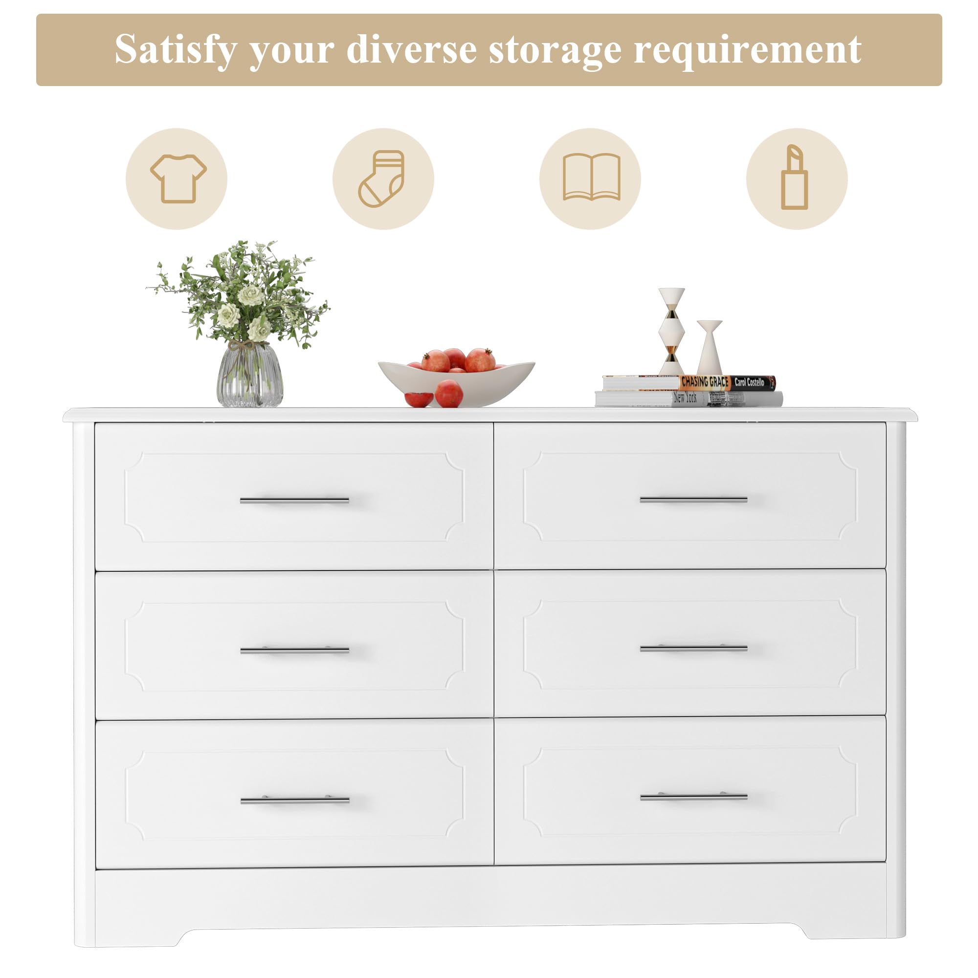 HOSATCK 6-Drawer Dresser - Modern White Wooden Chest of Drawers with Metal Handles, Bedroom Storage Organizer for Clothes, Towels & Linens | Perfect for Master Bedroom, Guest Room & Dormitory (Trapezoid/White)